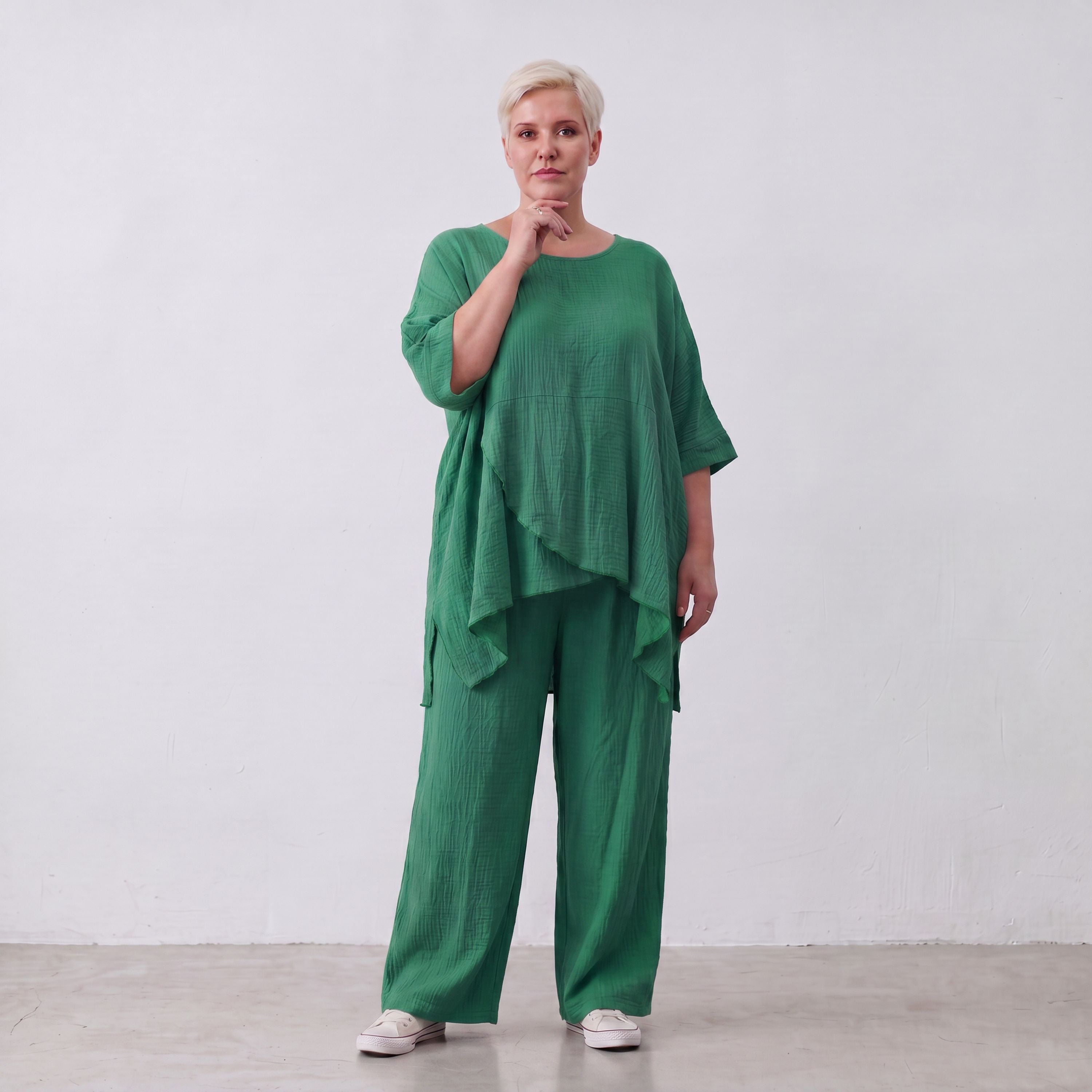 Damen Shirt Lagenlook Viskose Grün, kastiger Schnitt, Kurzarm, Oversize große Größen – AKH Fashion