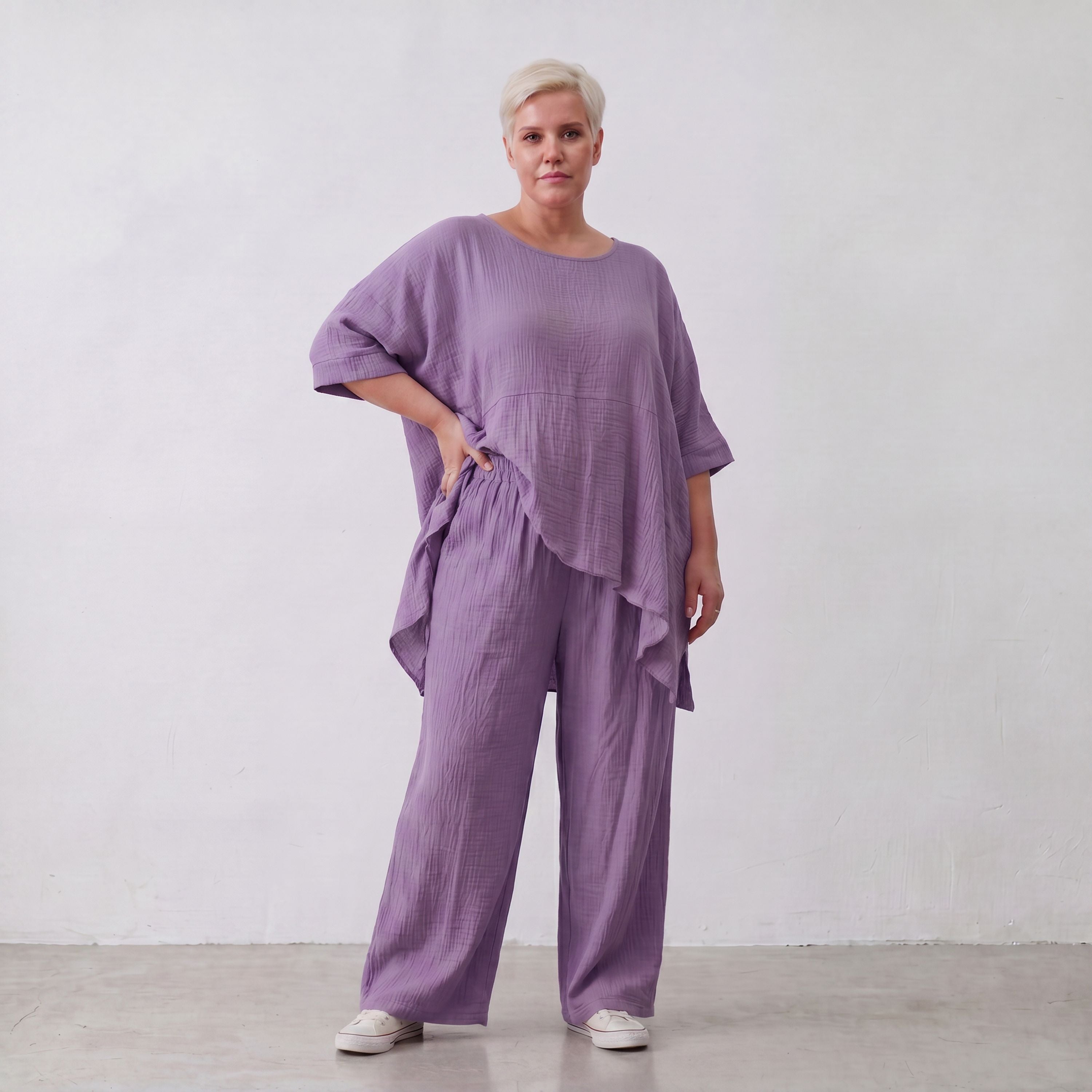 Damen Shirt Lagenlook Viskose Lila, kastiger Schnitt, Kurzarm, Oversize große Größen – AKH Fashion