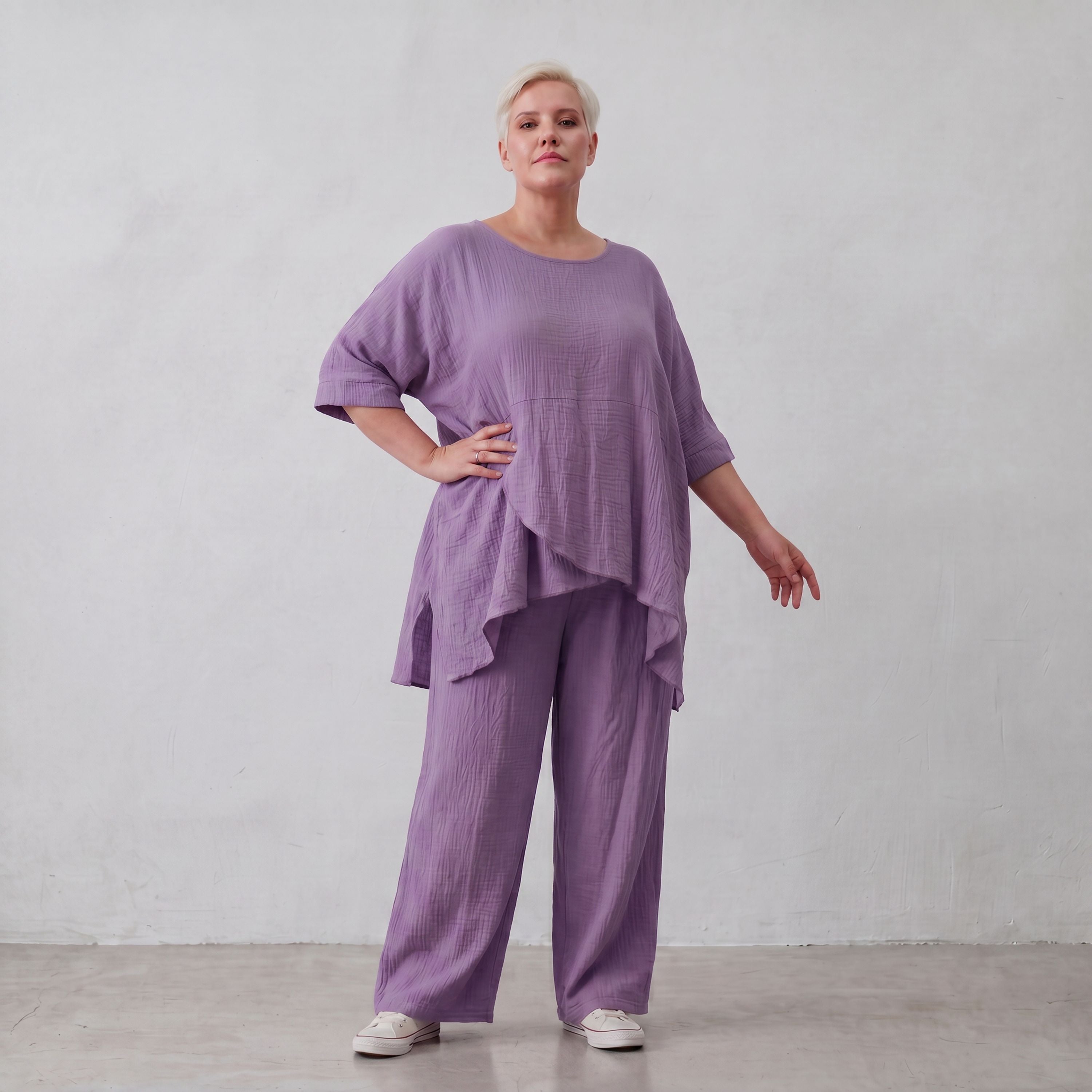 Damen Shirt Lagenlook Viskose Lila, kastiger Schnitt, Kurzarm, Oversize große Größen – AKH Fashion