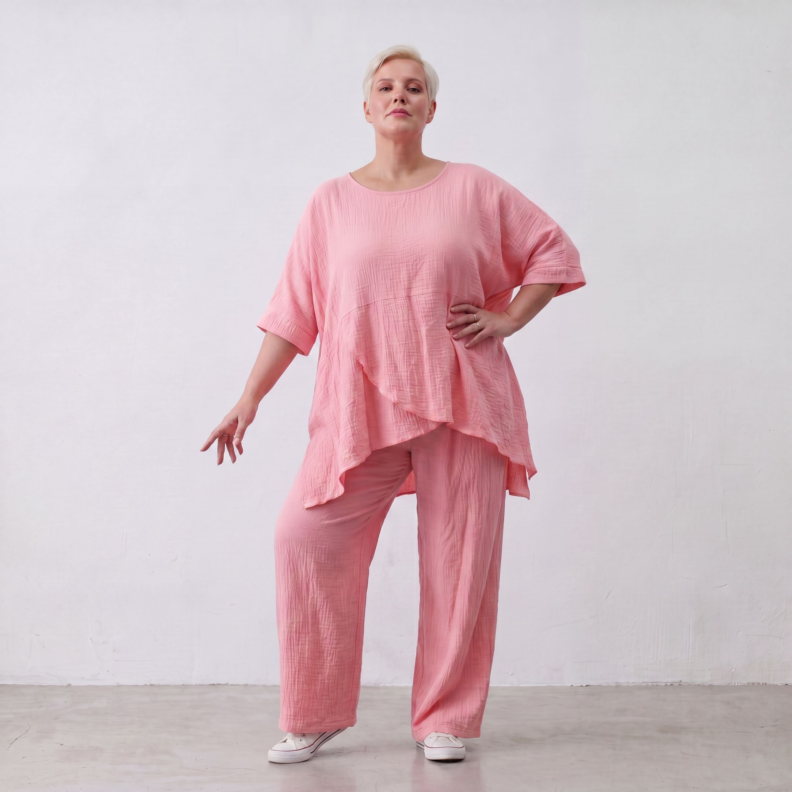 Damen Hose Lagenlook Viskose Rosa, gerader Schnitt, Elastikbund, Oversize große Größen – AKH Fashion