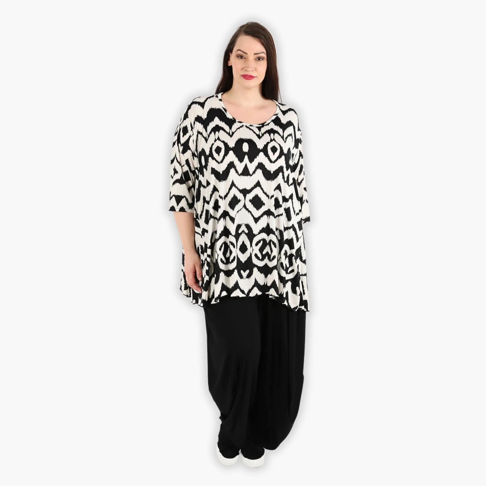  A-Form Bigshirt von AKH Fashion aus Viskose, 1294.00593, Ecru-Schwarz, Grafik, Schick