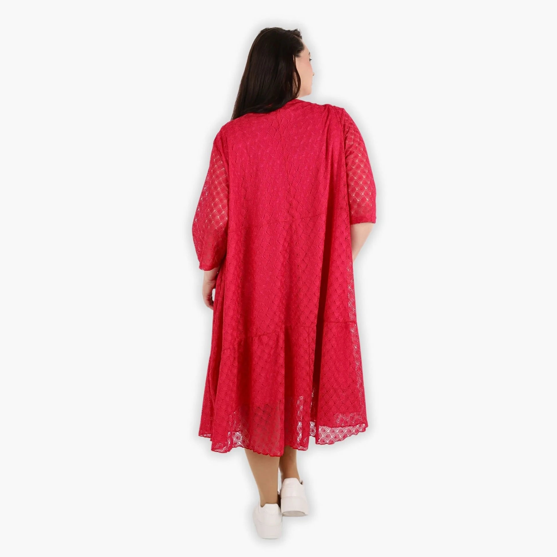  Ballonkleid in Fuchsia aus luftigem Viskosemix mit Netz- und Häkelmuster für Plus Size