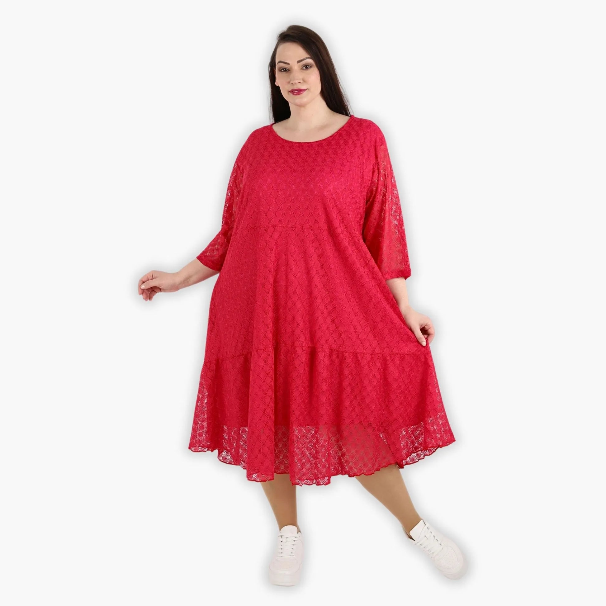  Ballonkleid in Fuchsia aus luftigem Viskosemix mit Netz- und Häkelmuster für Plus Size