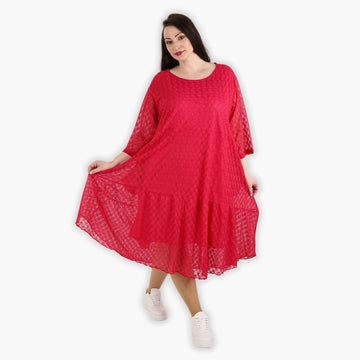  Ballonkleid in Fuchsia aus luftigem Viskosemix mit Netz- und Häkelmuster für Plus Size