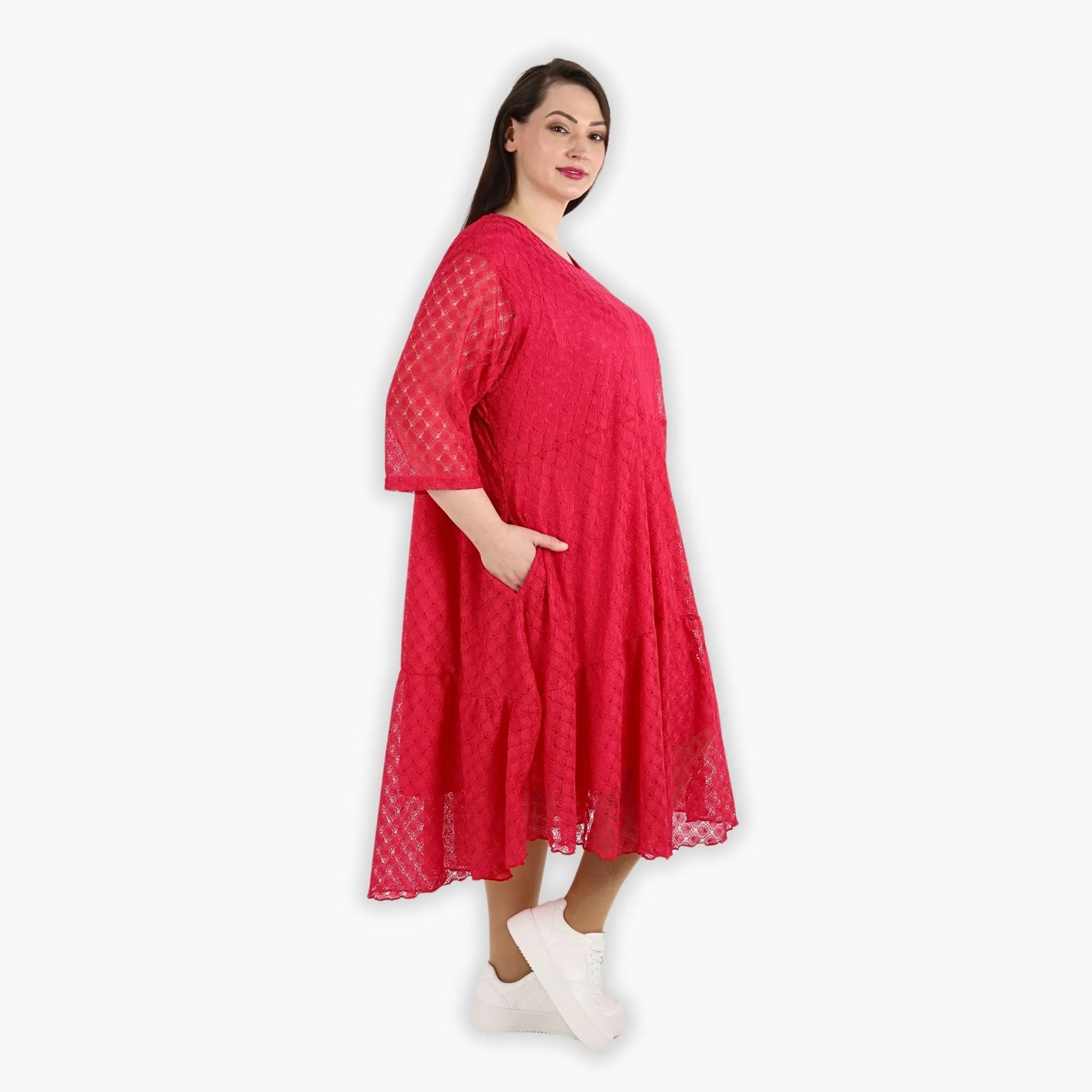  Ballonkleid in Fuchsia aus luftigem Viskosemix mit Netz- und Häkelmuster für Plus Size