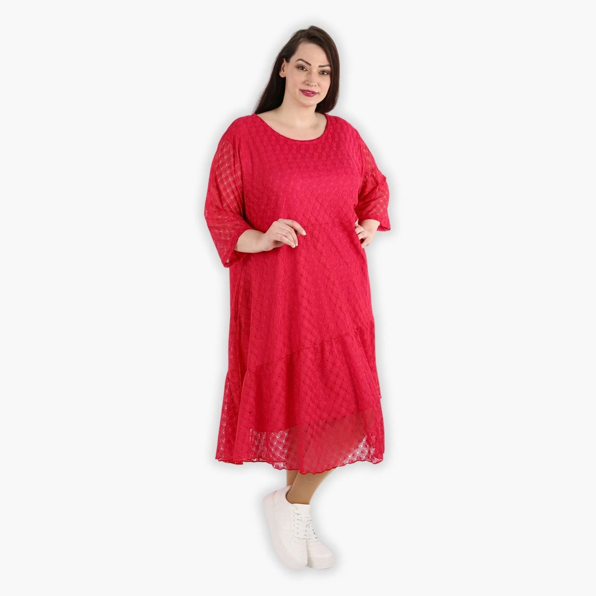  Ballonkleid in Fuchsia aus luftigem Viskosemix mit Netz- und Häkelmuster für Plus Size