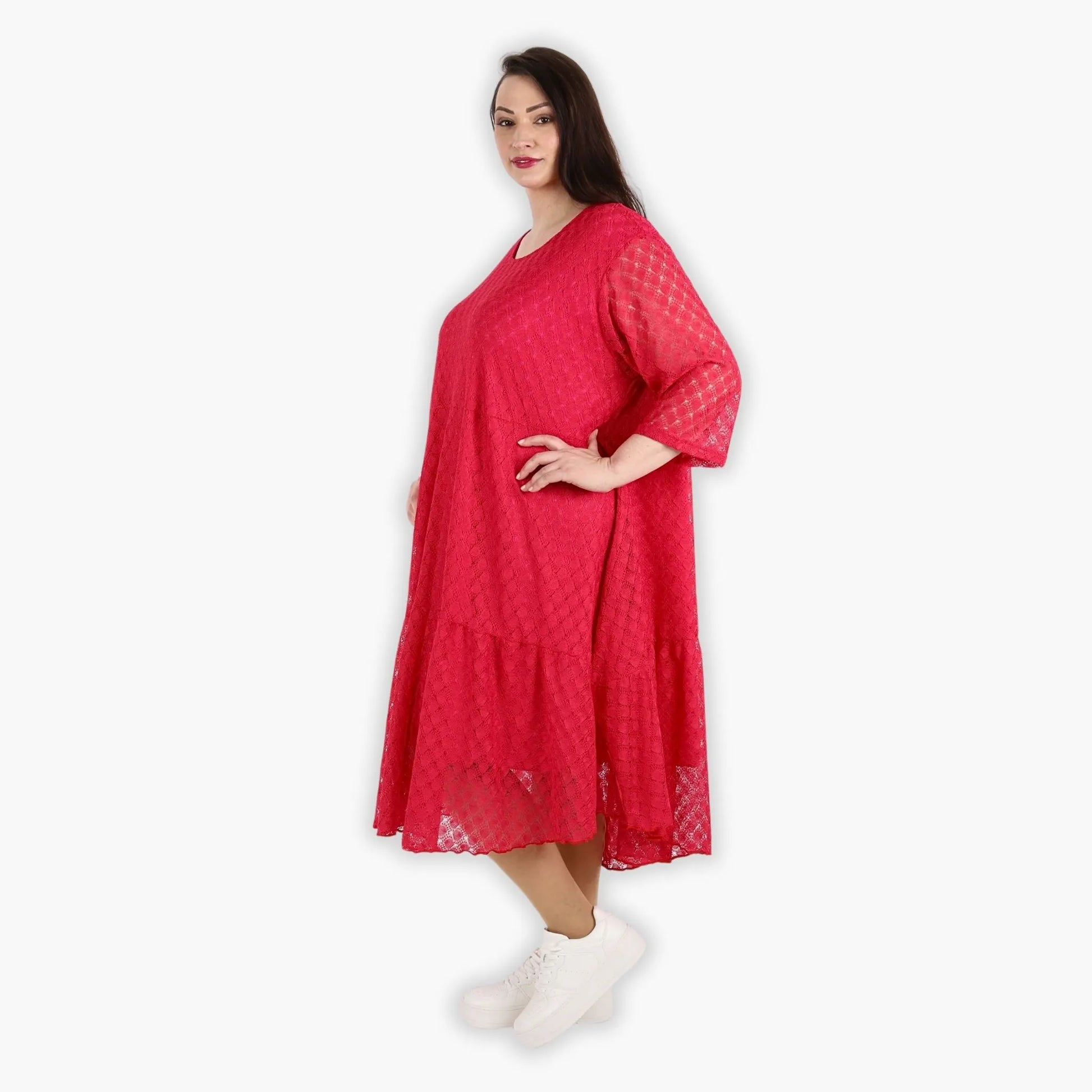  Ballonkleid in Fuchsia aus luftigem Viskosemix mit Netz- und Häkelmuster für Plus Size