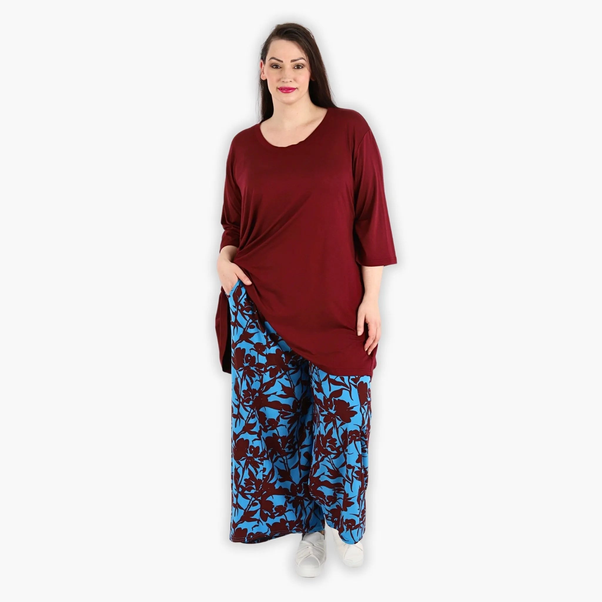  AKH Fashion Hose in gerader Form, aus Viskose, 1304.06927, Maroon-Blau, Blumen, Schick