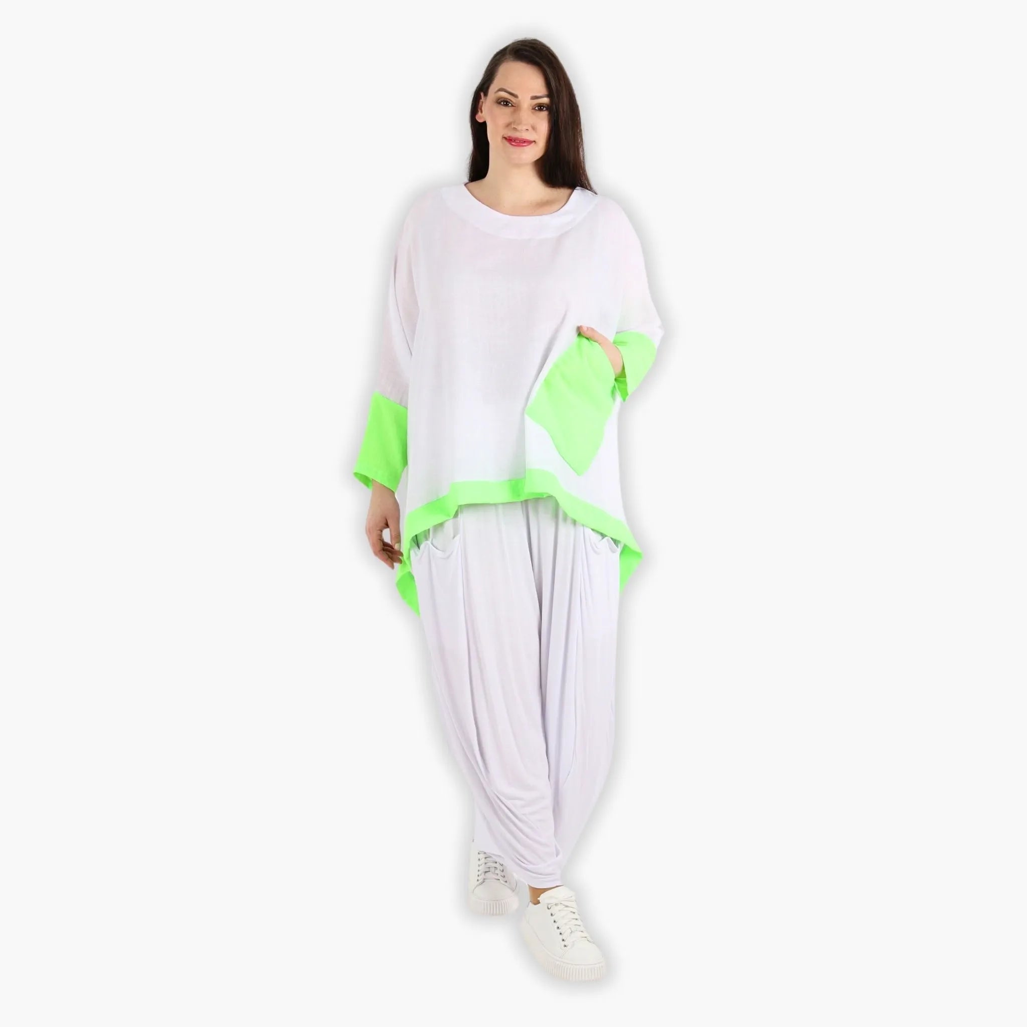  A-Form Bigshirt von AKH Fashion aus Viskose, 1305.02413, Weiß-Neongrün, Schick, Modern