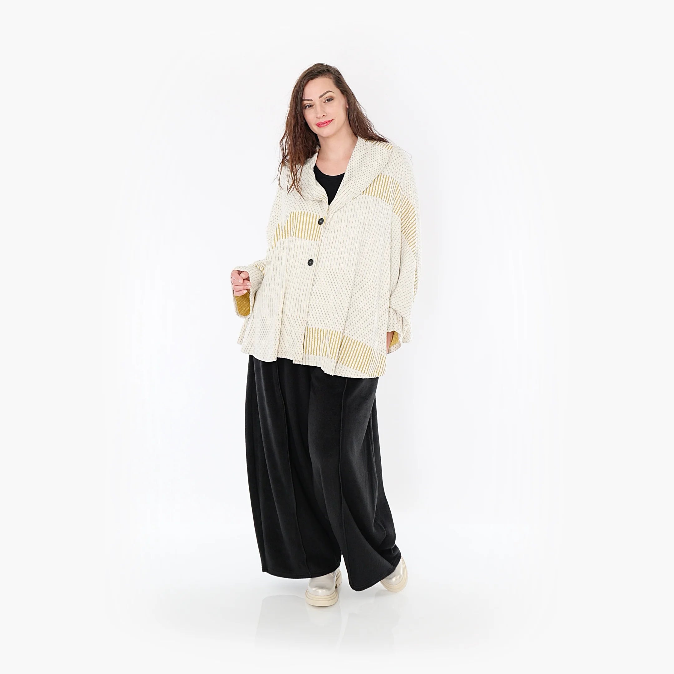  AKH Fashion Jacke in gerundeter Form, aus Viskose, 1377.00140, Senf-Ecru, Gerippt, Schick