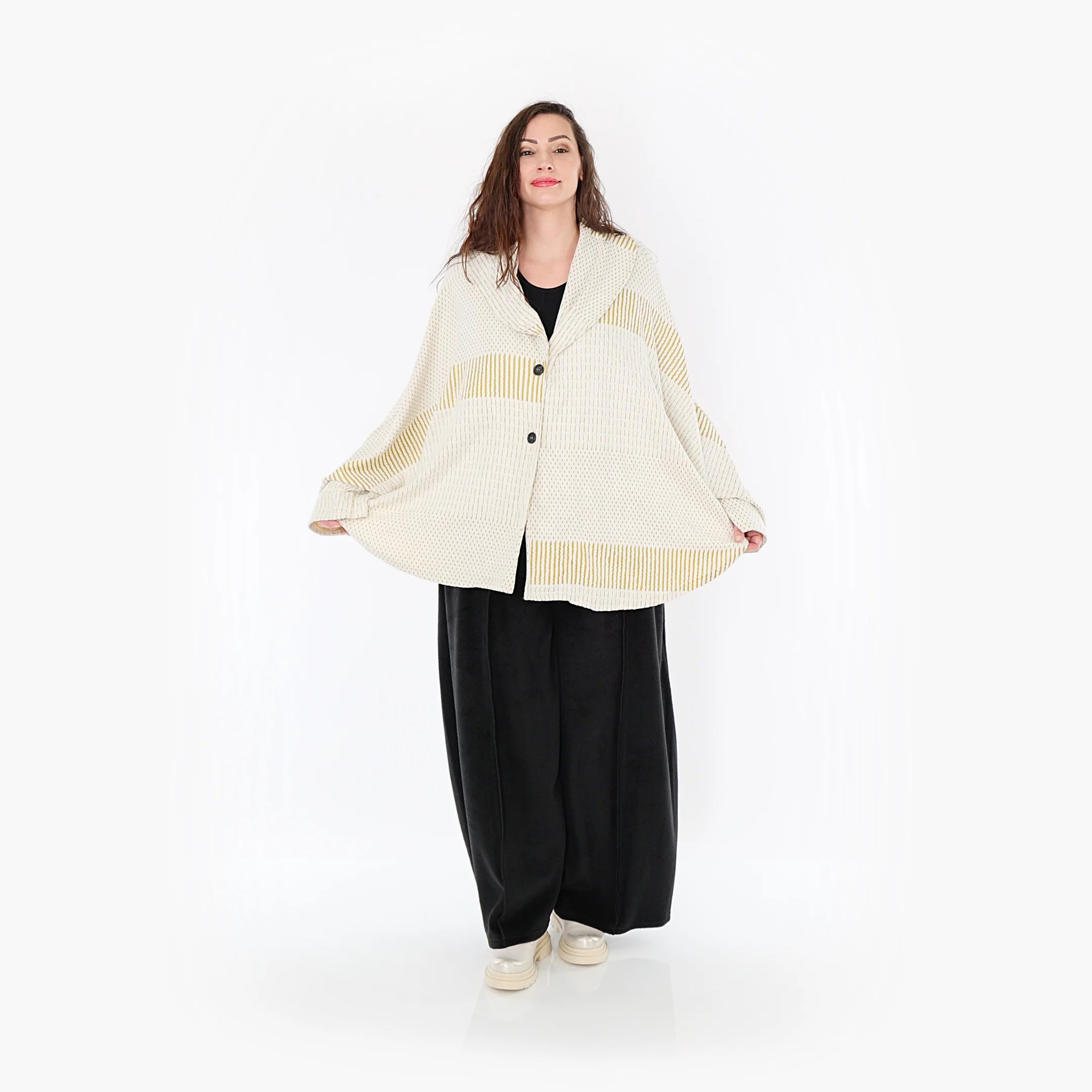  AKH Fashion Jacke in gerundeter Form, aus Viskose, 1377.00140, Senf-Ecru, Gerippt, Schick