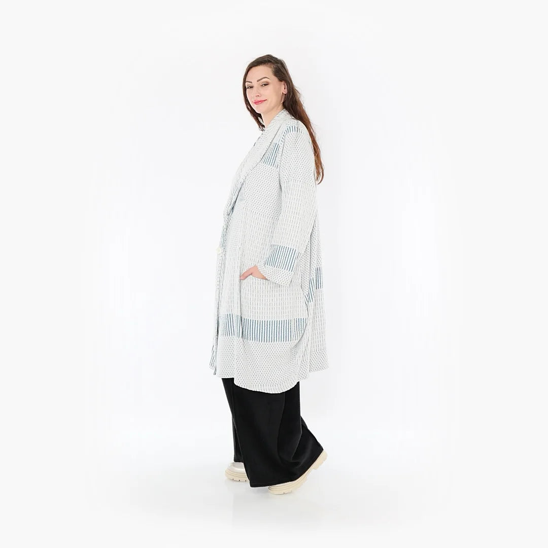  Ballonmantel von AKH Fashion aus Viskose, 1377.02494, Blau-Ecru, Gerippt, Schick, Modern
