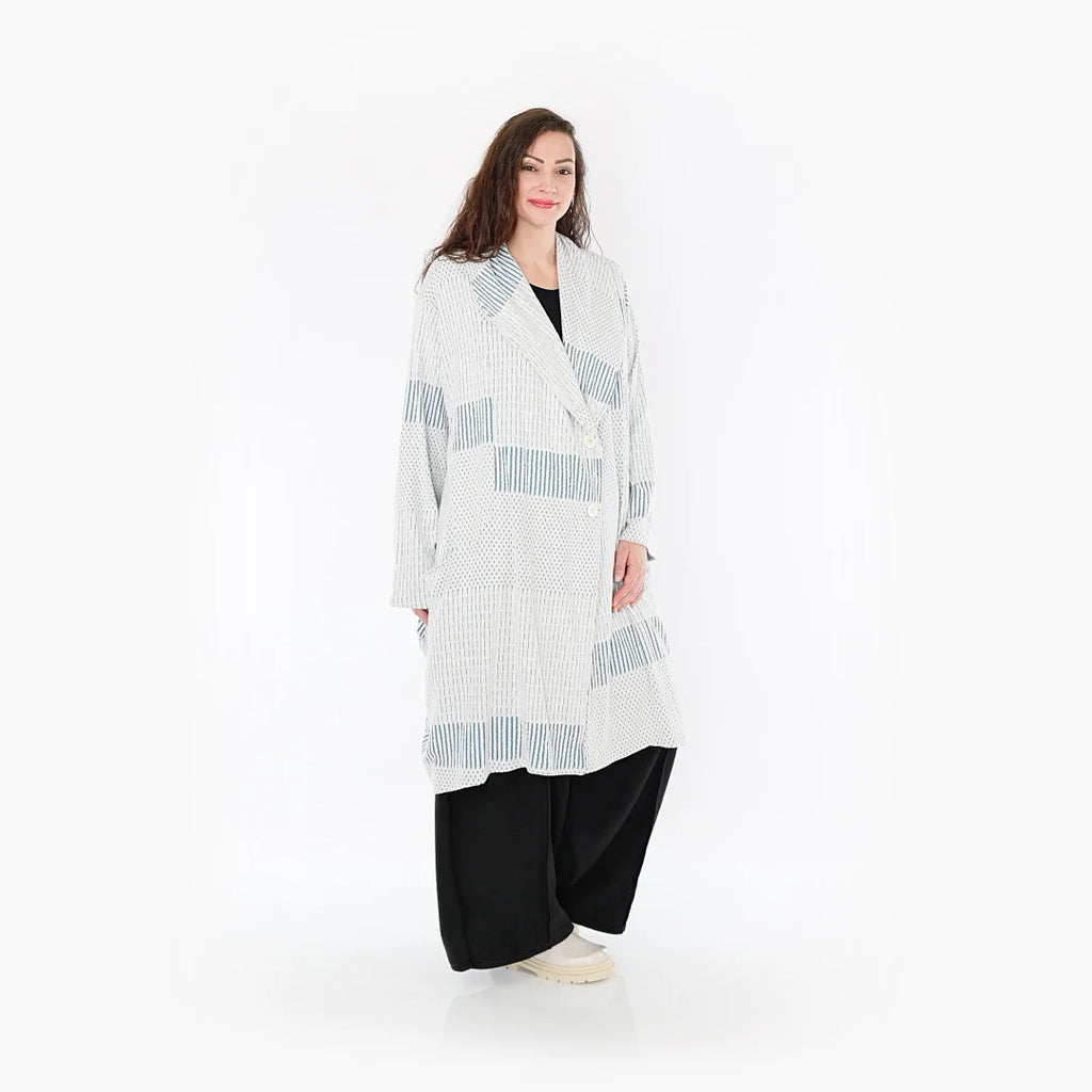  Ballonmantel von AKH Fashion aus Viskose, 1377.02494, Blau-Ecru, Gerippt, Schick, Modern