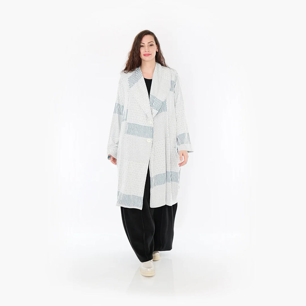  Ballonmantel von AKH Fashion aus Viskose, 1377.02494, Blau-Ecru, Gerippt, Schick, Modern