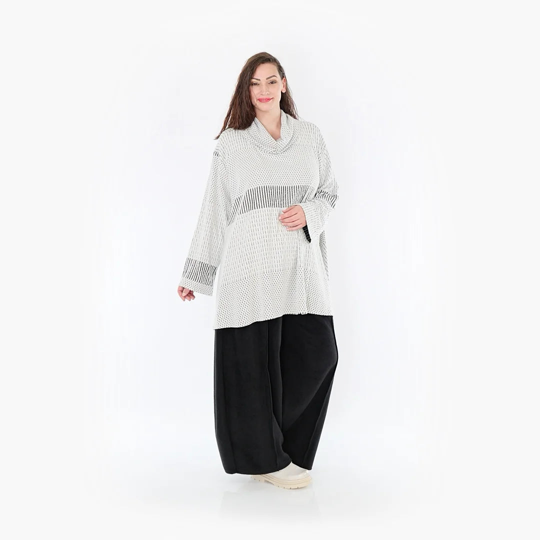  A-Form Bigshirt von AKH Fashion aus Viskose, 1377.0593R, Schwarz-Ecru, Gerippt, Schick