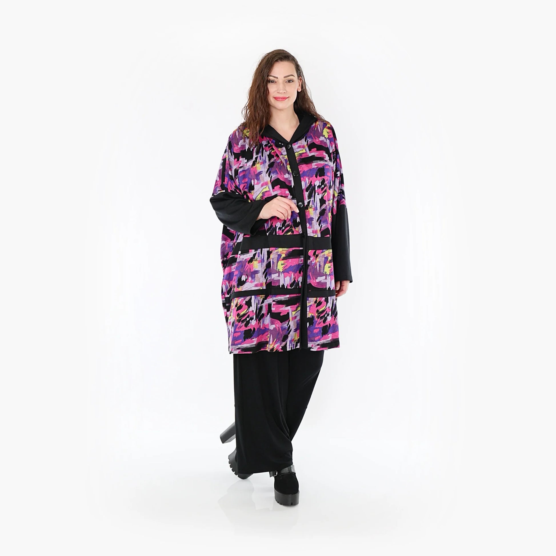  Helle Fuchsia Oversize-Jacke aus feinem Jacquard-Material mit Kapuze und praktischen Taschen für Curvy Fashion