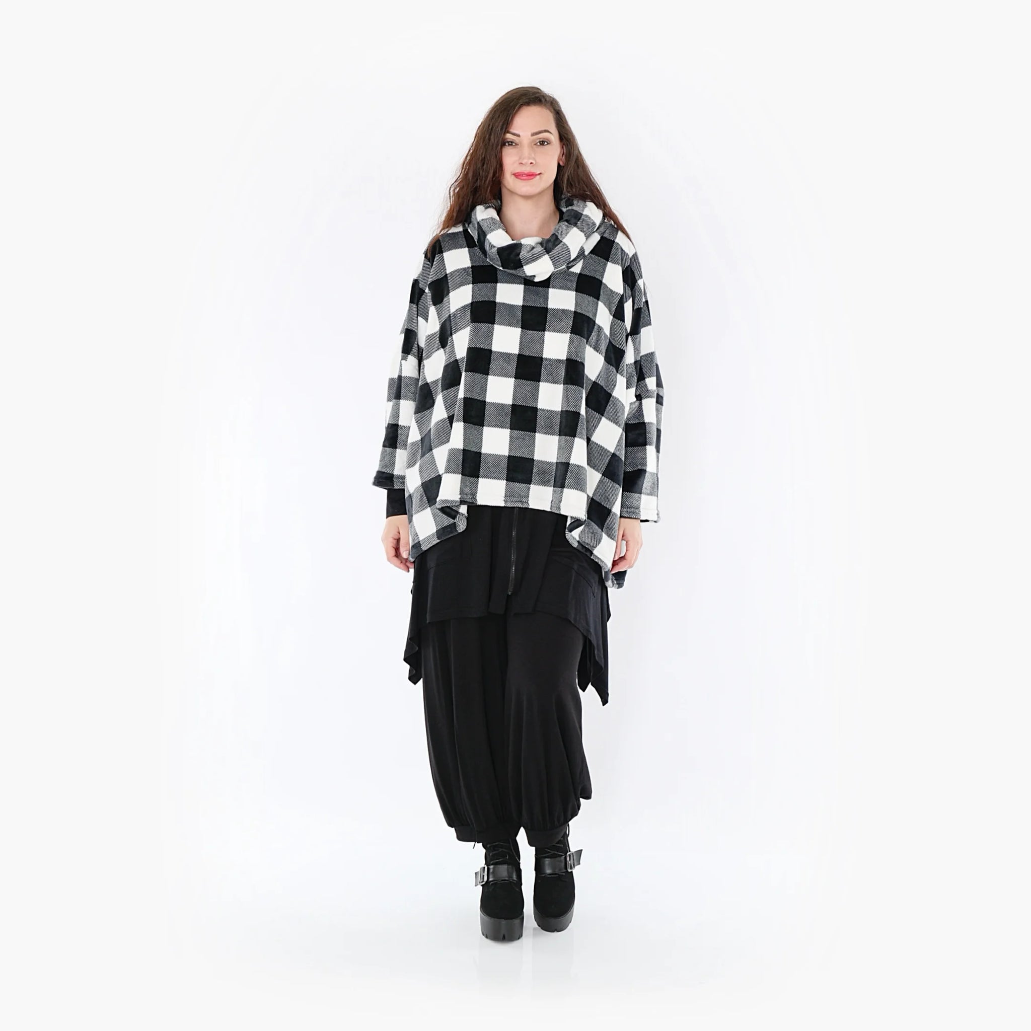  Oversized Rollkragenpullover aus kuscheligem Fleece im karrierten Design für lässige Looks