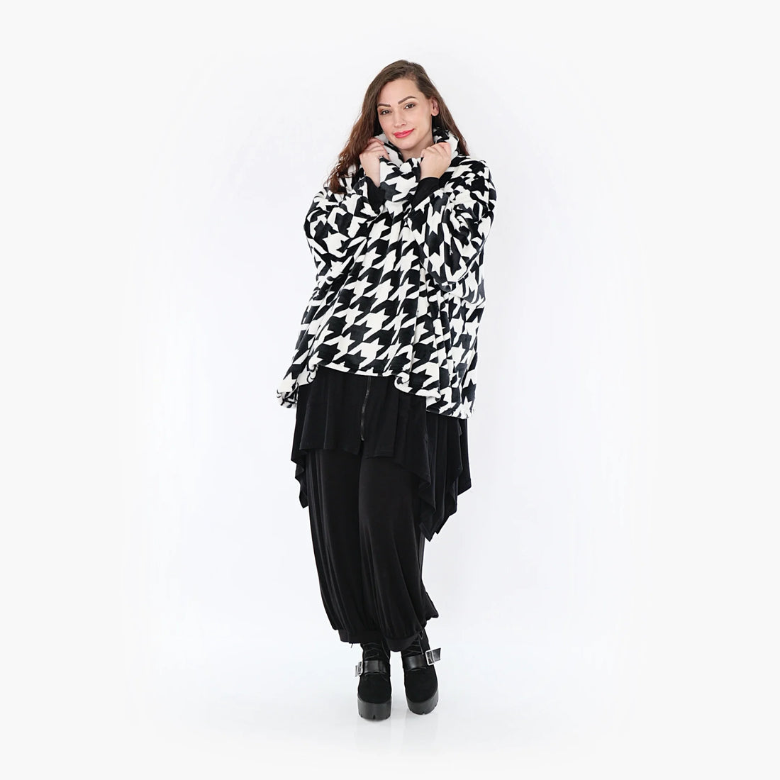  Stylischer Rollkragenpullover mit kuscheligem Plüsch-Fleece im Hahnentritt-Muster für Plus Size