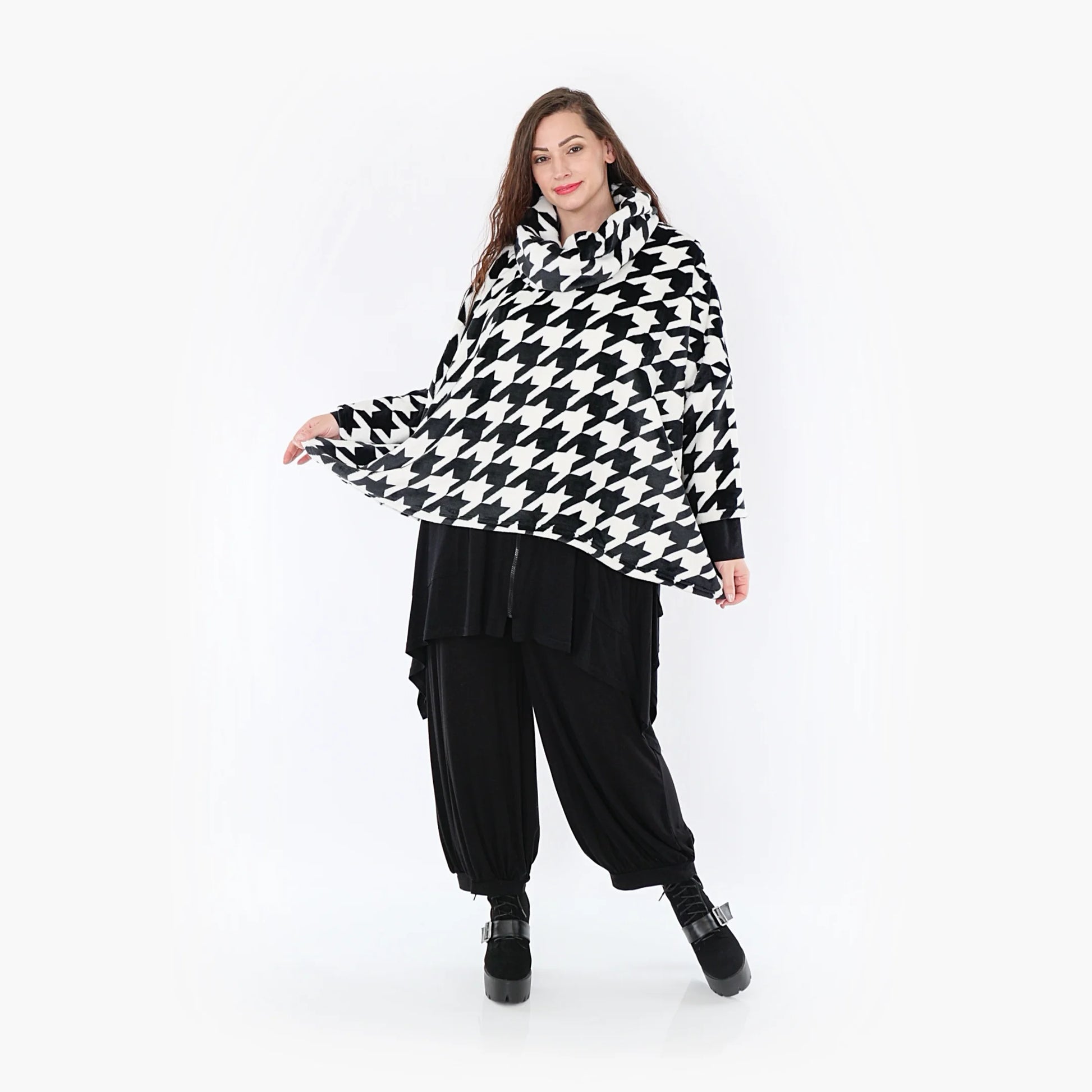  Stylischer Rollkragenpullover mit kuscheligem Plüsch-Fleece im Hahnentritt-Muster für Plus Size