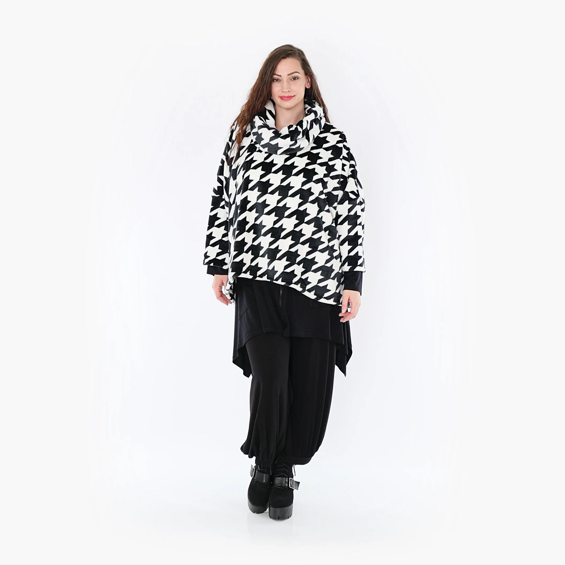  Stylischer Rollkragenpullover mit kuscheligem Plüsch-Fleece im Hahnentritt-Muster für Plus Size