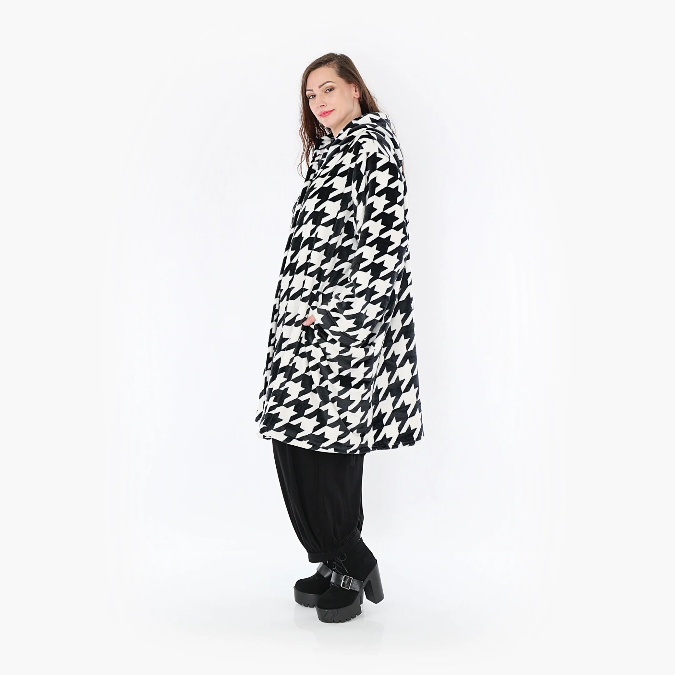  Ballonmantel von AKH Fashion aus Polyester, 1386.06660, Schwarz-Weiss, Hahnentritt
