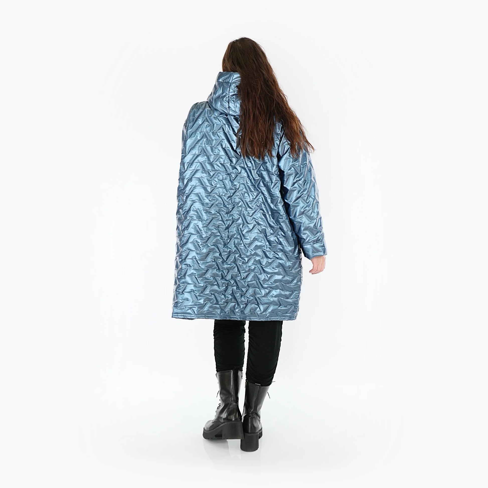  Trendige Steppjacke in elegantem Eisblau mit Ballonschnitt und gestreiftem Muster für Plus-Size