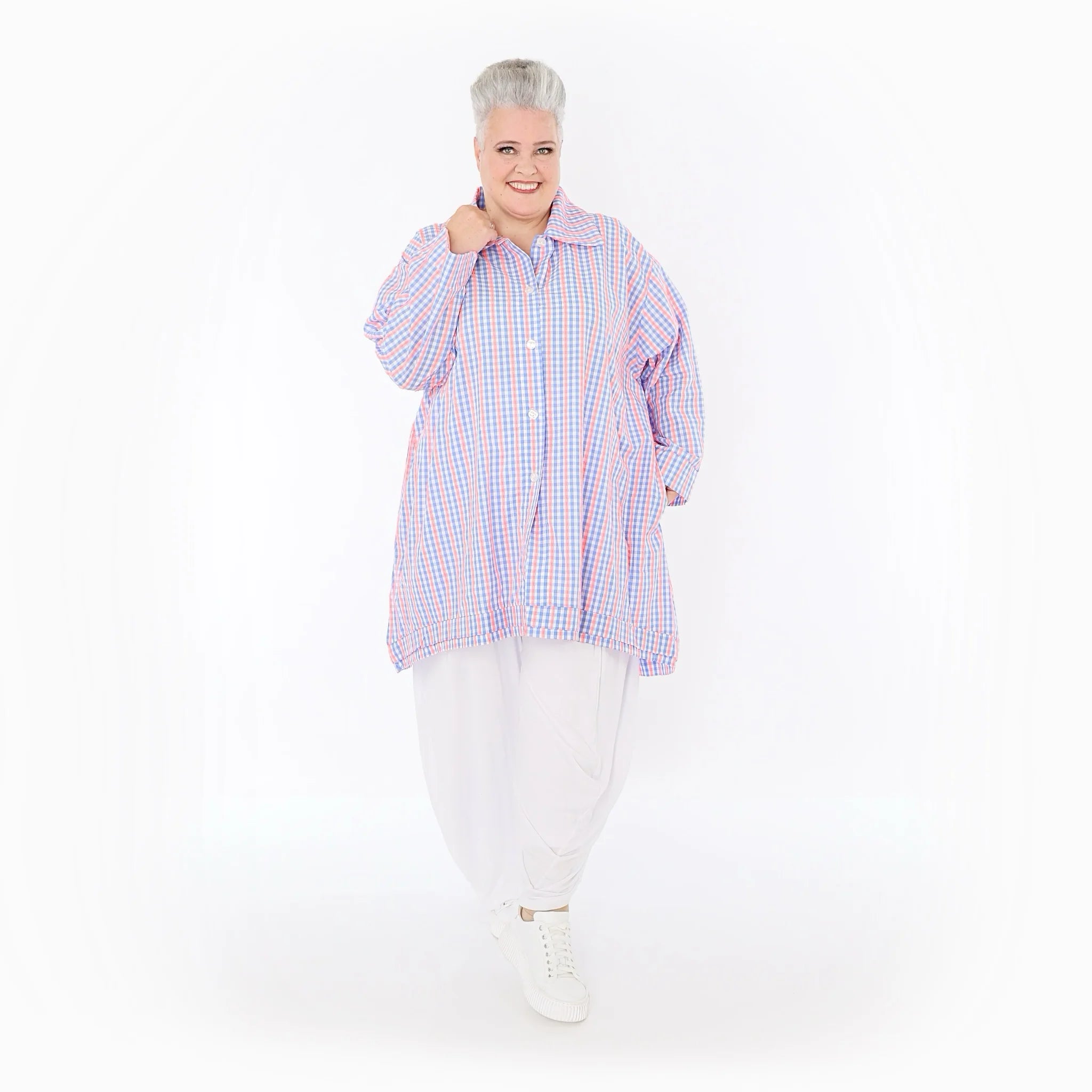  A-Form Bluse von AKH Fashion aus Baumwolle, 1505.07010, Blau/Weiß/Pink, Vichy-Karo, Schick