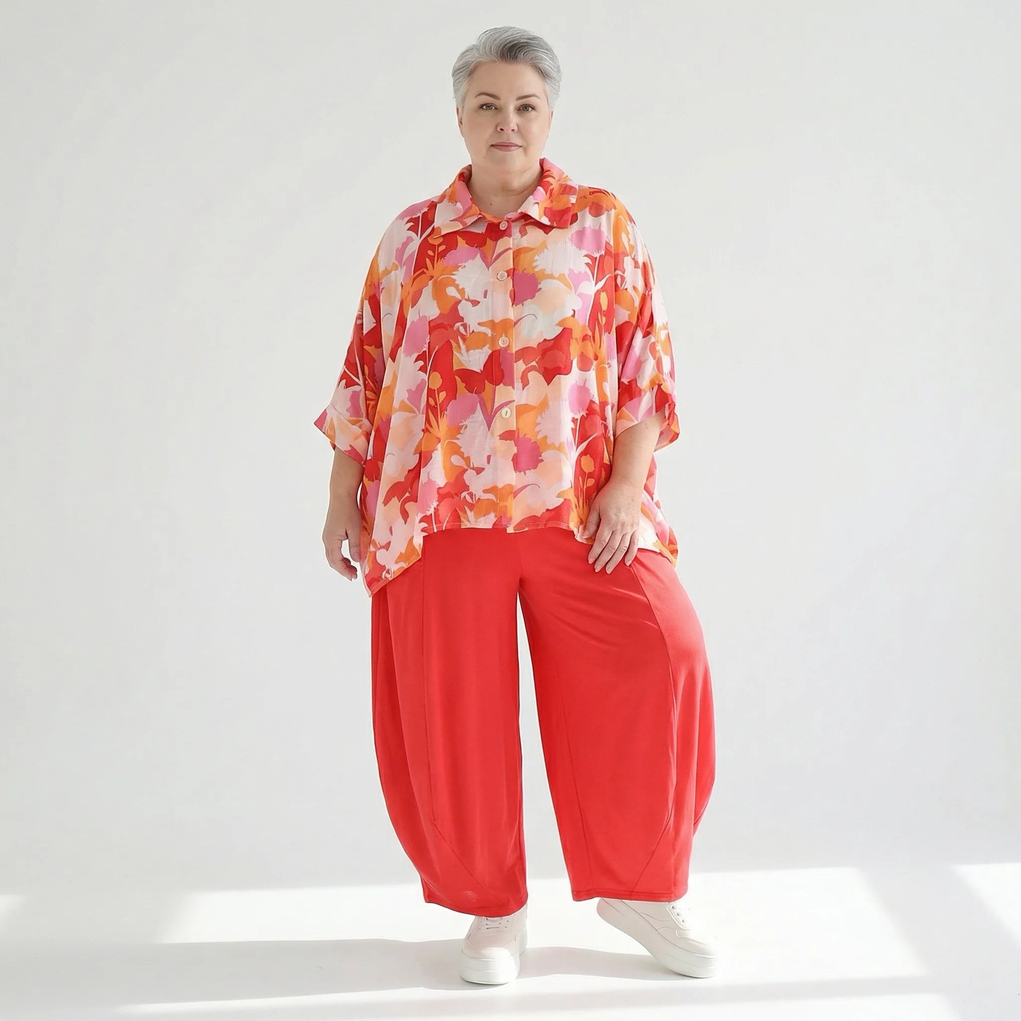  AKH Fashion Bluse in gerundeter Form, aus Viskose, 1506.07092, Orange/Multicolor, Blumen