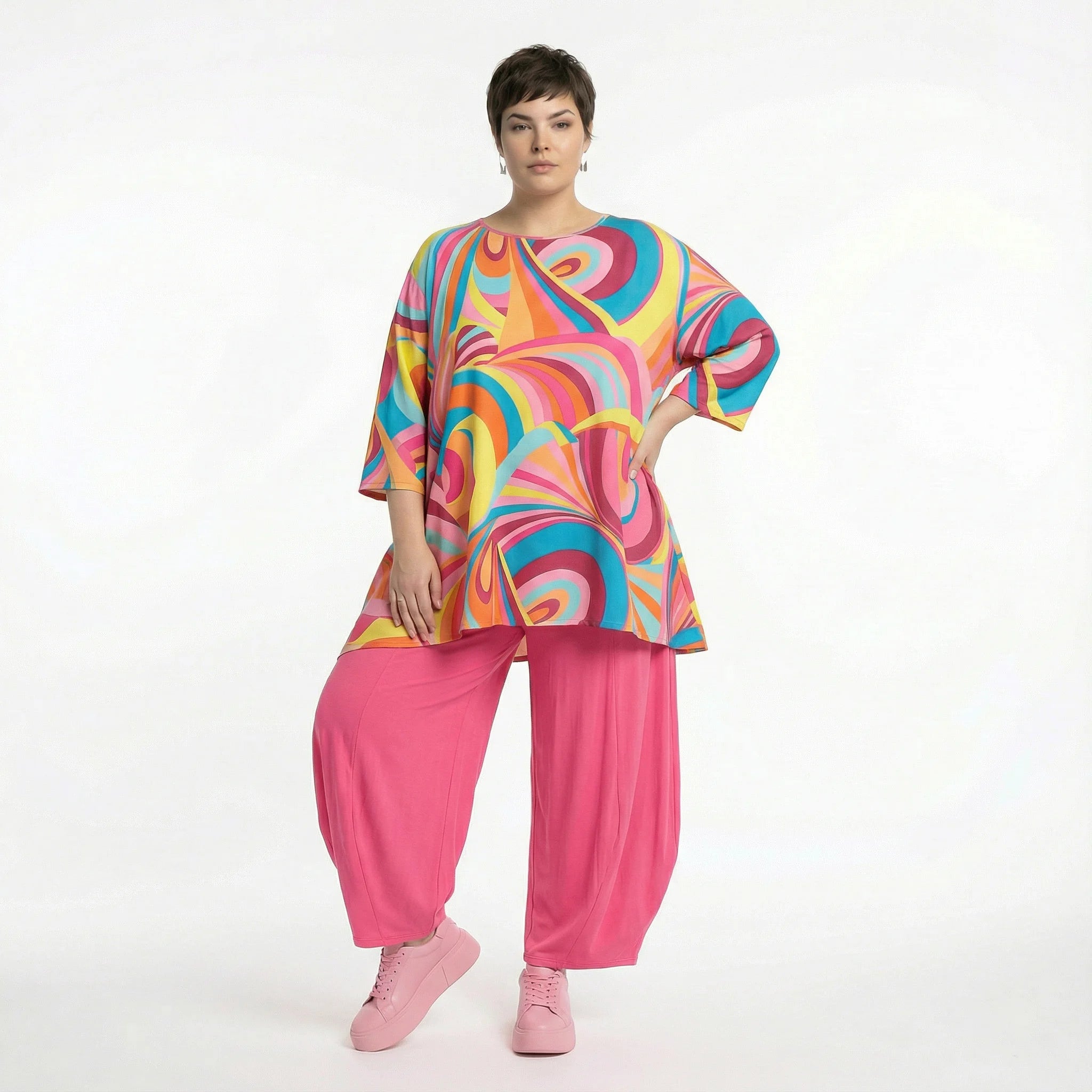  A-Form Bigshirt von AKH Fashion aus Baumwolle, 1508.00593, Rosa/Multi, Abstrakt, Ausgefallen