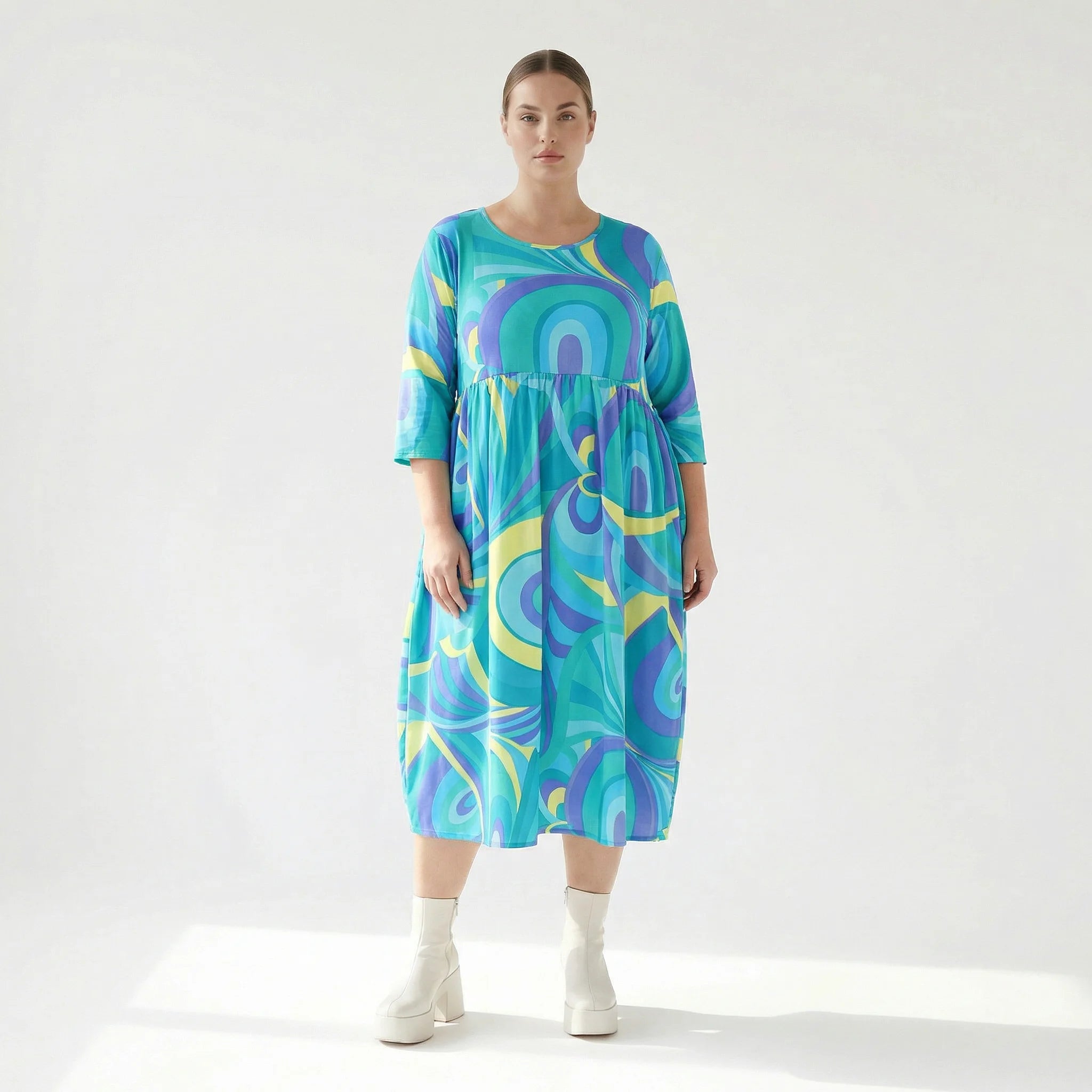  Ballonkleid von AKH Fashion aus Baumwolle, 1508.06698, Grün/Multi, Abstrakt, Ausgefallen