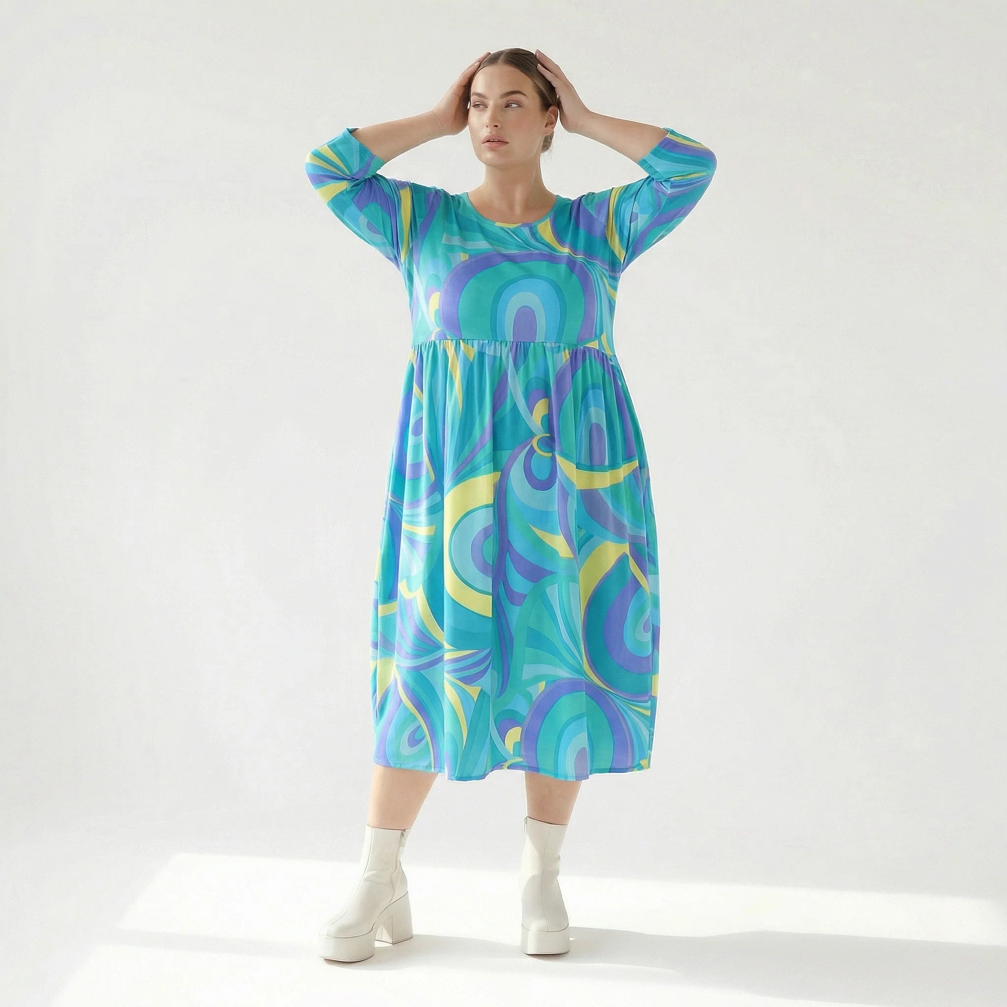  Ballonkleid von AKH Fashion aus Baumwolle, 1508.06698, Grün/Multi, Abstrakt, Ausgefallen