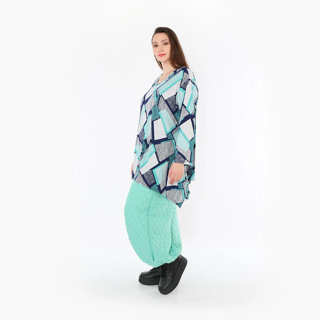  A-Form Bigshirt von AKH Fashion aus Materialmix, 1511.01019, Grün/Weiß/Marine, Abstrakt