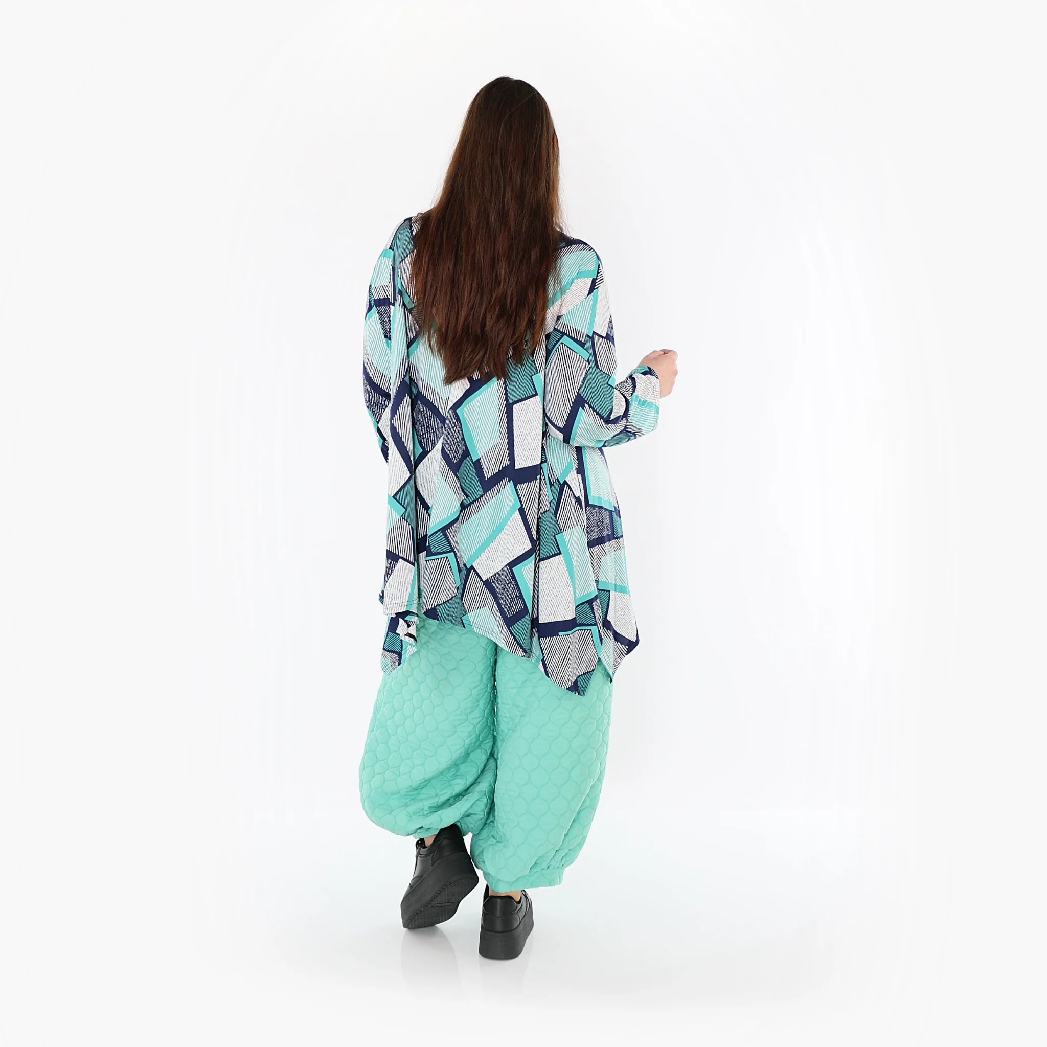  A-Form Bigshirt von AKH Fashion aus Materialmix, 1511.01019, Grün/Weiß/Marine, Abstrakt