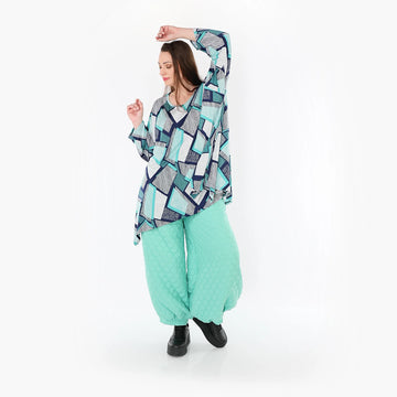  A-Form Bigshirt von AKH Fashion aus Materialmix, 1511.01019, Grün/Weiß/Marine, Abstrakt
