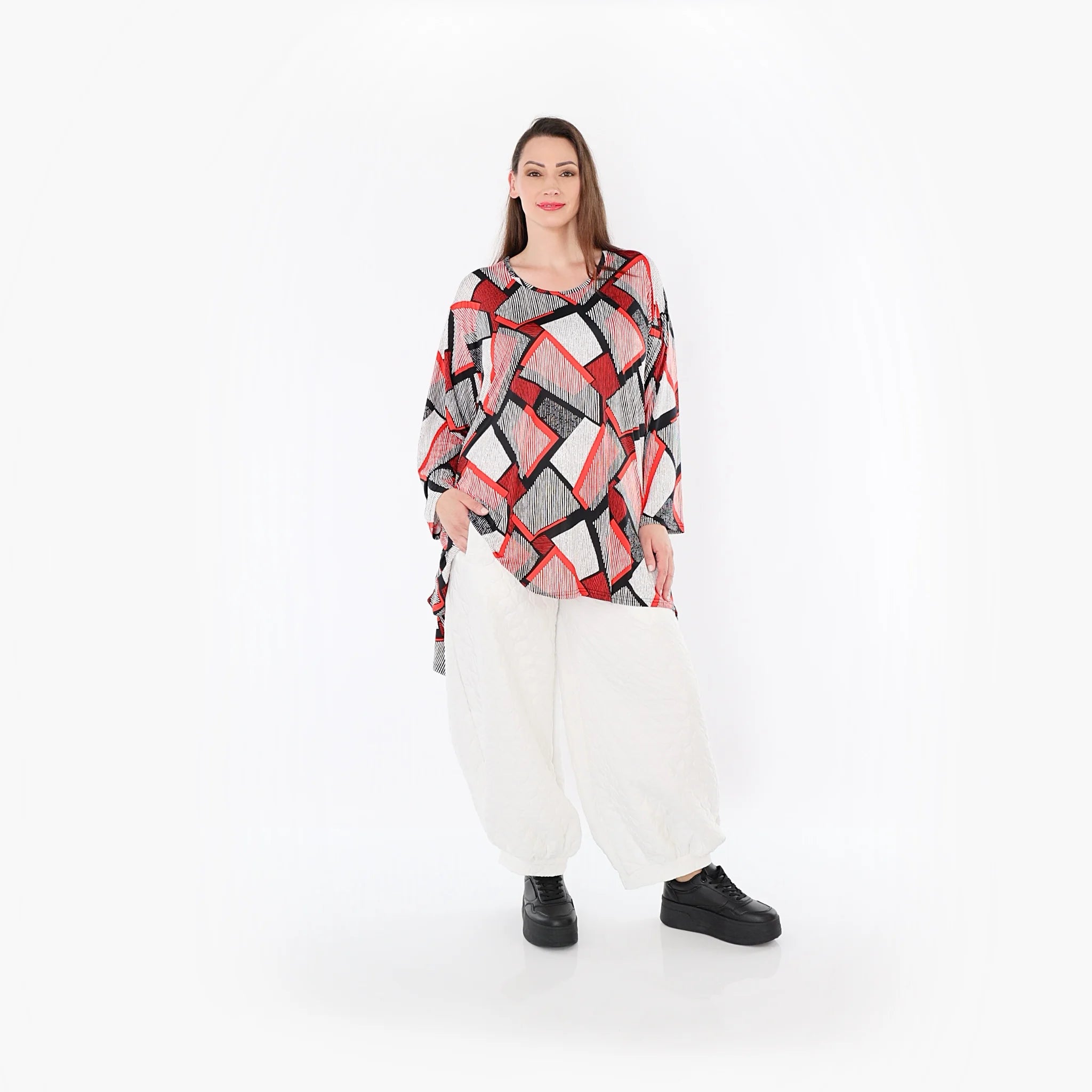  A-Form Bigshirt von AKH Fashion aus Materialmix, 1511.01019, Rot/Weiß/Schwarz, Abstrakt
