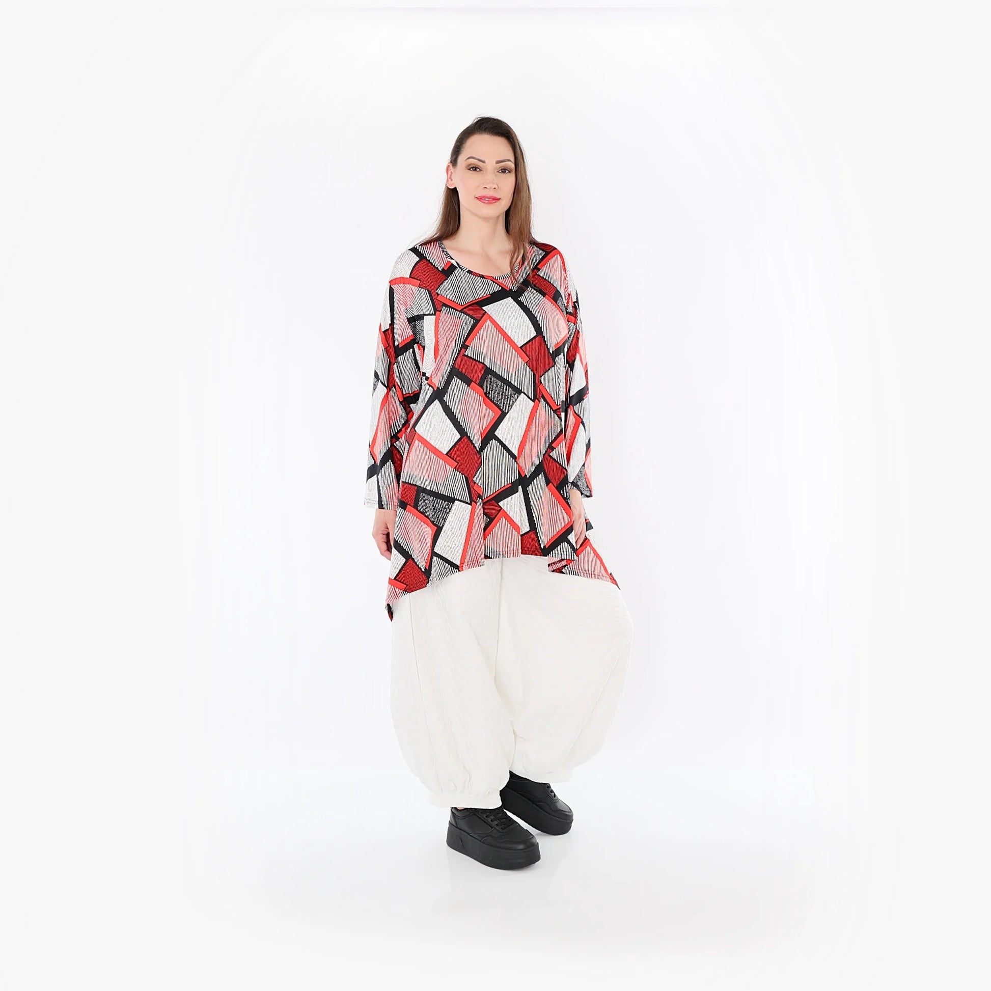  A-Form Bigshirt von AKH Fashion aus Materialmix, 1511.01019, Rot/Weiß/Schwarz, Abstrakt