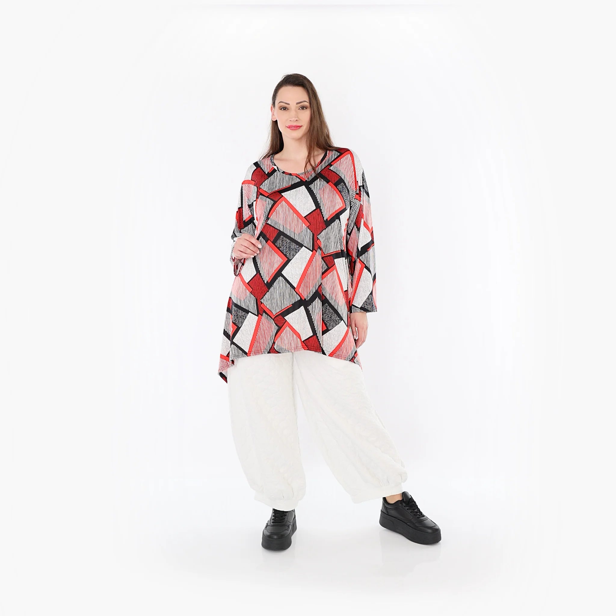  A-Form Bigshirt von AKH Fashion aus Materialmix, 1511.01019, Rot/Weiß/Schwarz, Abstrakt