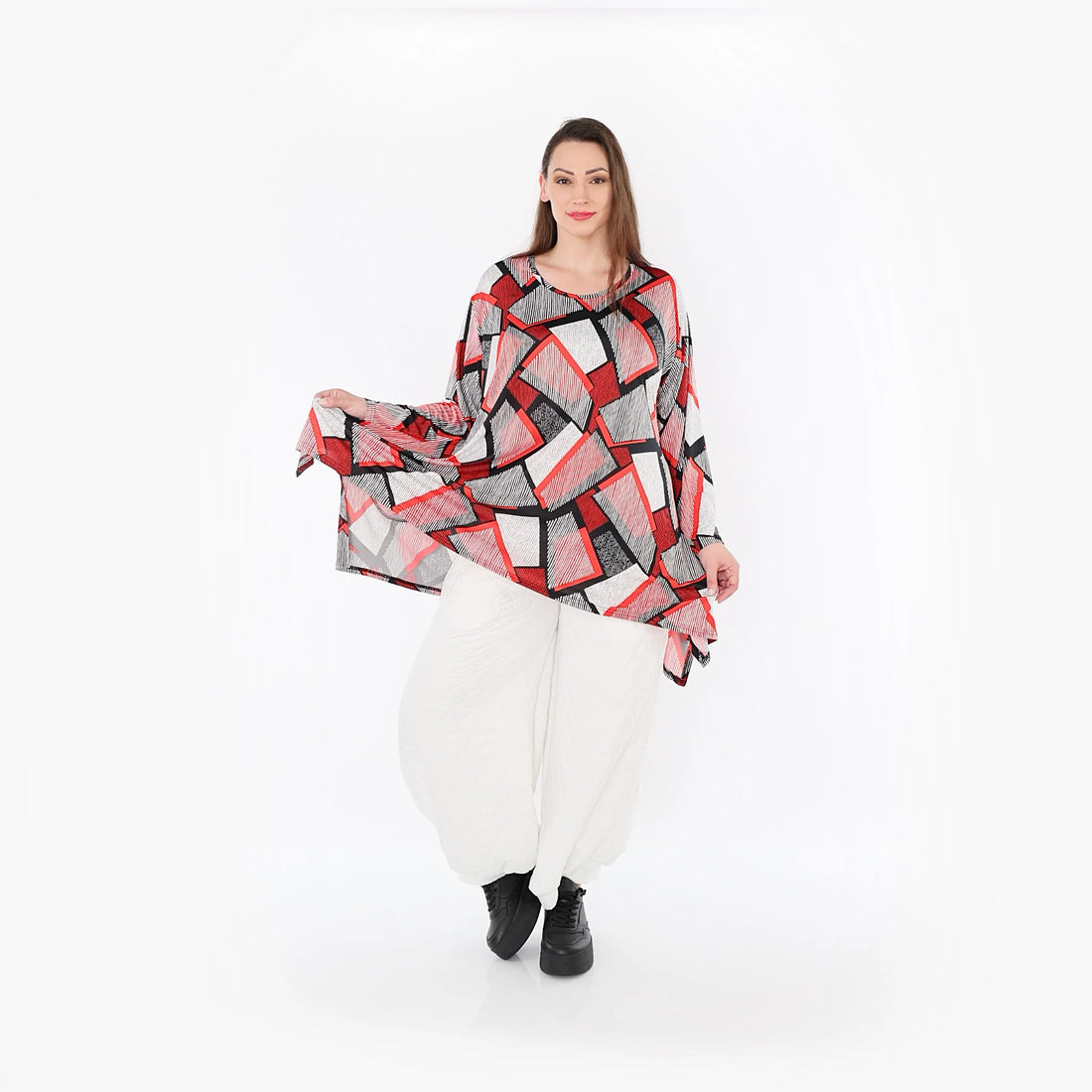  A-Form Bigshirt von AKH Fashion aus Materialmix, 1511.01019, Rot/Weiß/Schwarz, Abstrakt