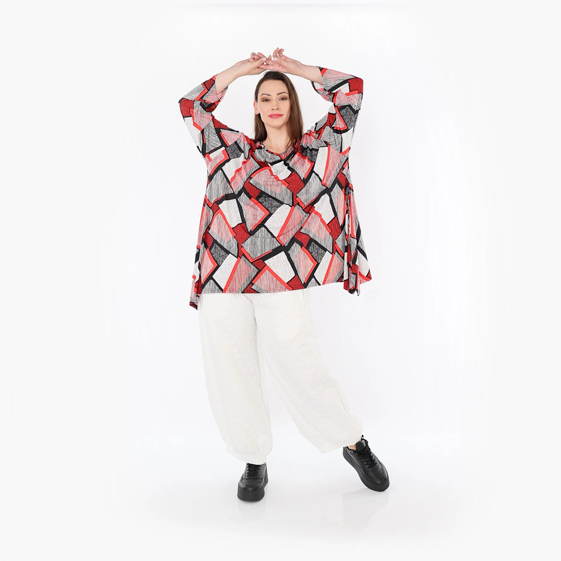  A-Form Bigshirt von AKH Fashion aus Materialmix, 1511.01019, Rot/Weiß/Schwarz, Abstrakt