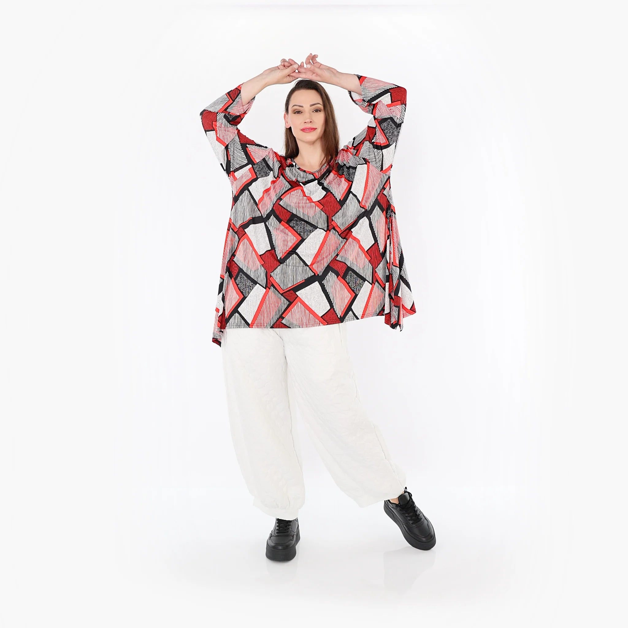  A-Form Bigshirt von AKH Fashion aus Materialmix, 1511.01019, Rot/Weiß/Schwarz, Abstrakt