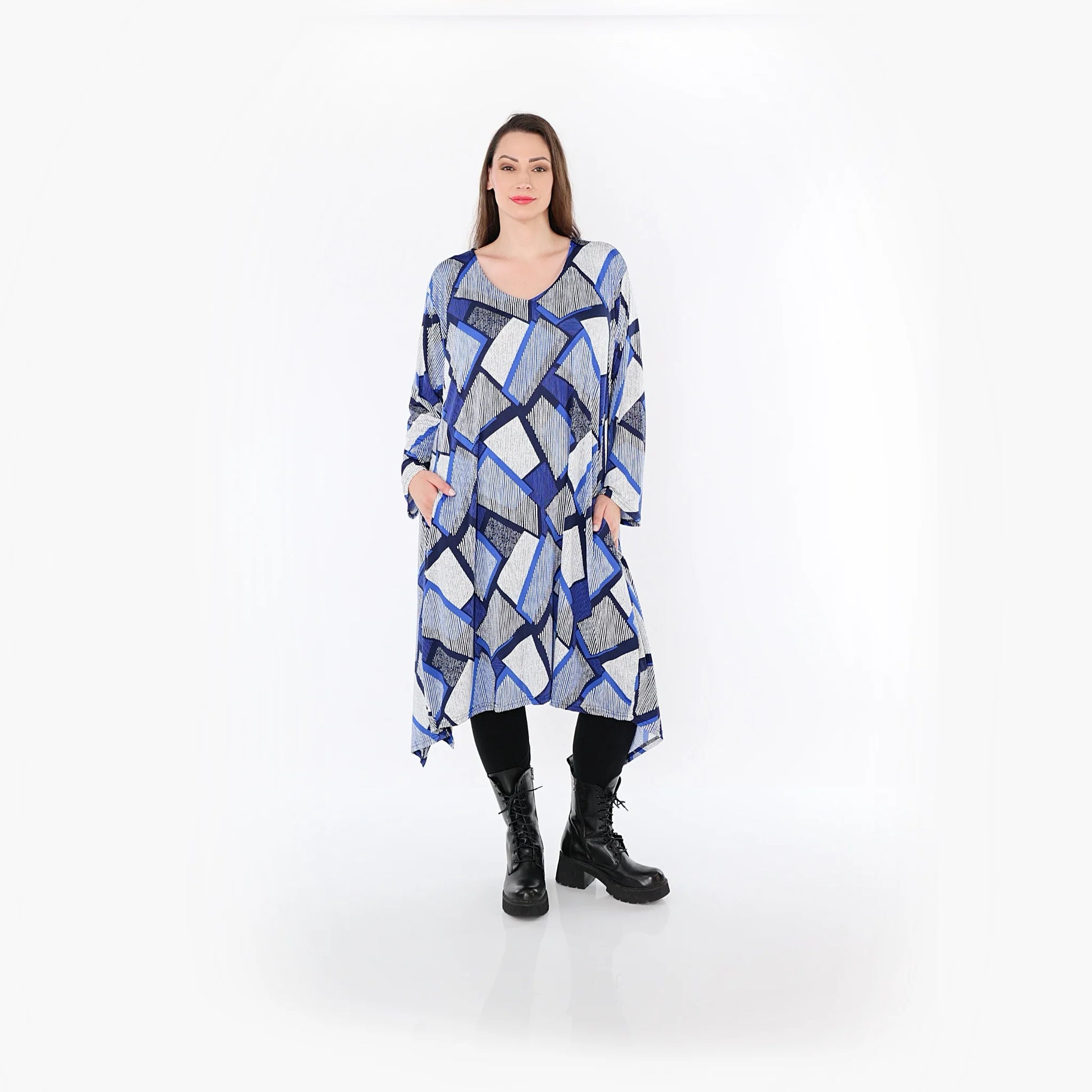  A-Form Bigshirt von AKH Fashion aus Materialmix, 1511.07108, Blau/Weiß/Marine, Abstrakt
