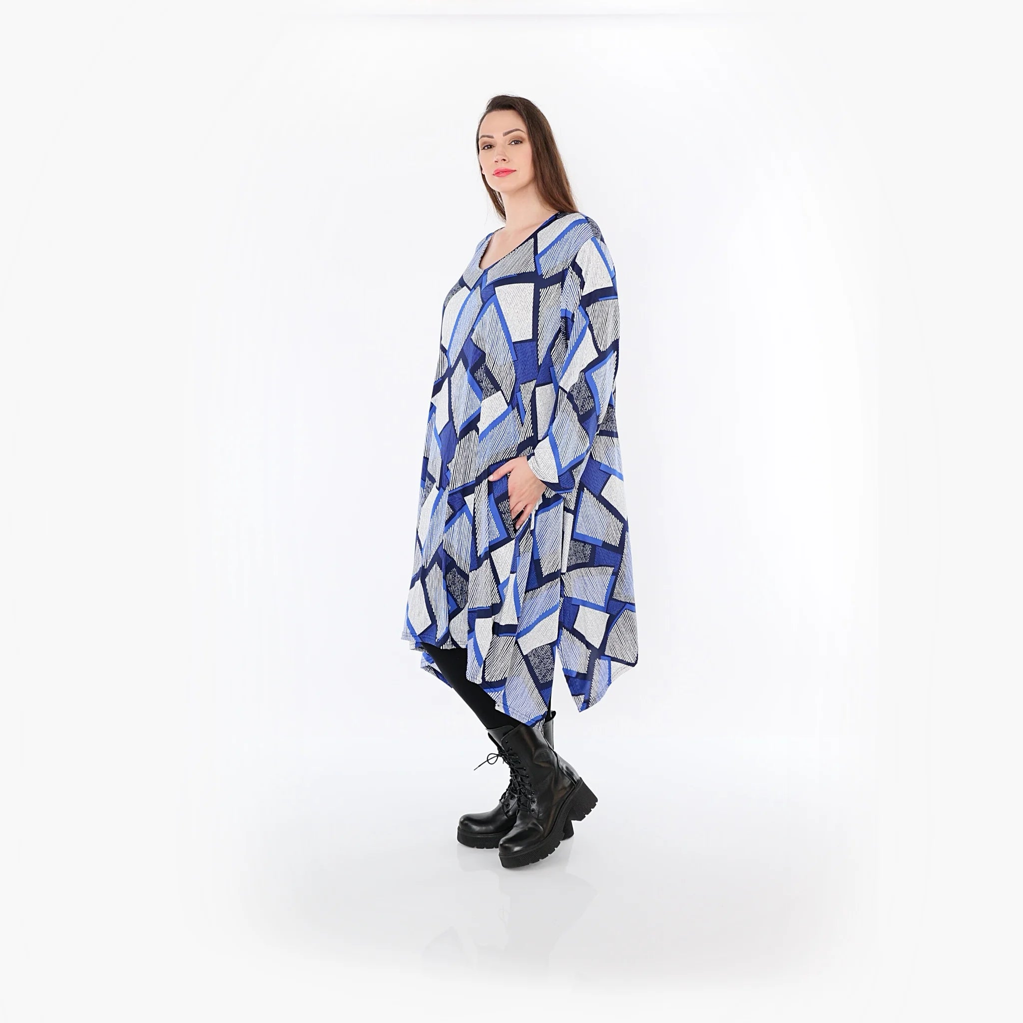  A-Form Bigshirt von AKH Fashion aus Materialmix, 1511.07108, Blau/Weiß/Marine, Abstrakt