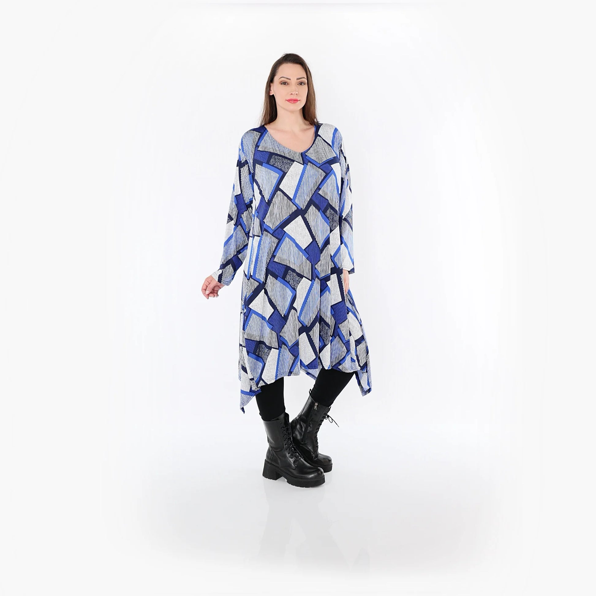 A-Form Bigshirt von AKH Fashion aus Materialmix, 1511.07108, Blau/Weiß/Marine, Abstrakt