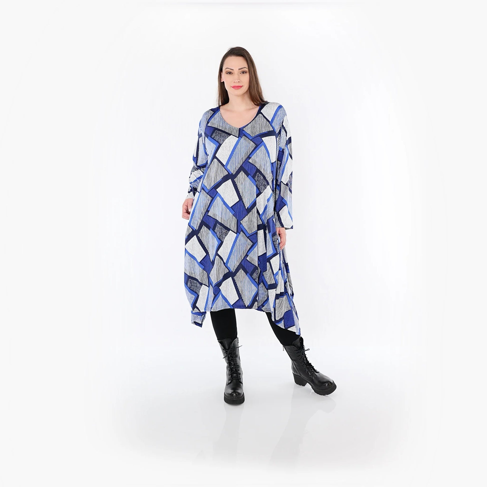  A-Form Bigshirt von AKH Fashion aus Materialmix, 1511.07108, Blau/Weiß/Marine, Abstrakt