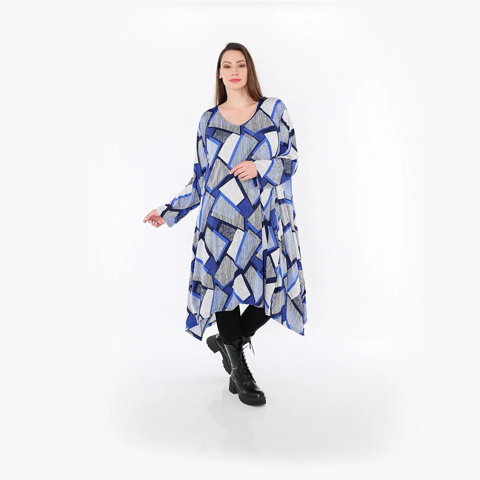  A-Form Bigshirt von AKH Fashion aus Materialmix, 1511.07108, Blau/Weiß/Marine, Abstrakt