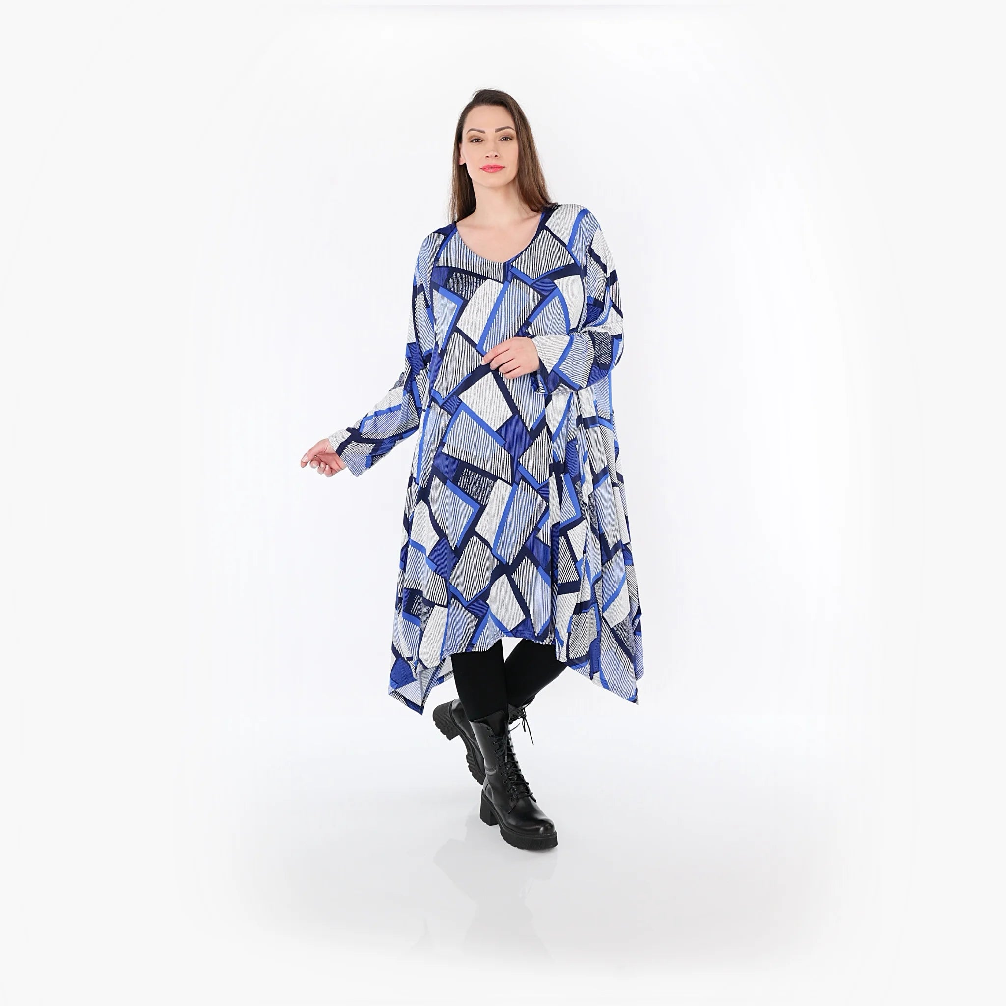  A-Form Bigshirt von AKH Fashion aus Materialmix, 1511.07108, Blau/Weiß/Marine, Abstrakt