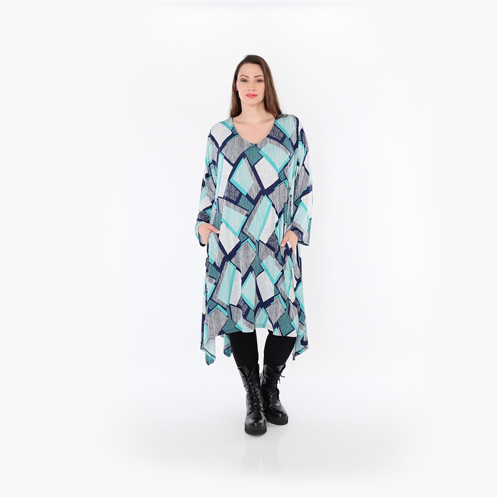  A-Form Bigshirt von AKH Fashion aus Materialmix, 1511.07108, Grün/Weiß/Marine, Abstrakt