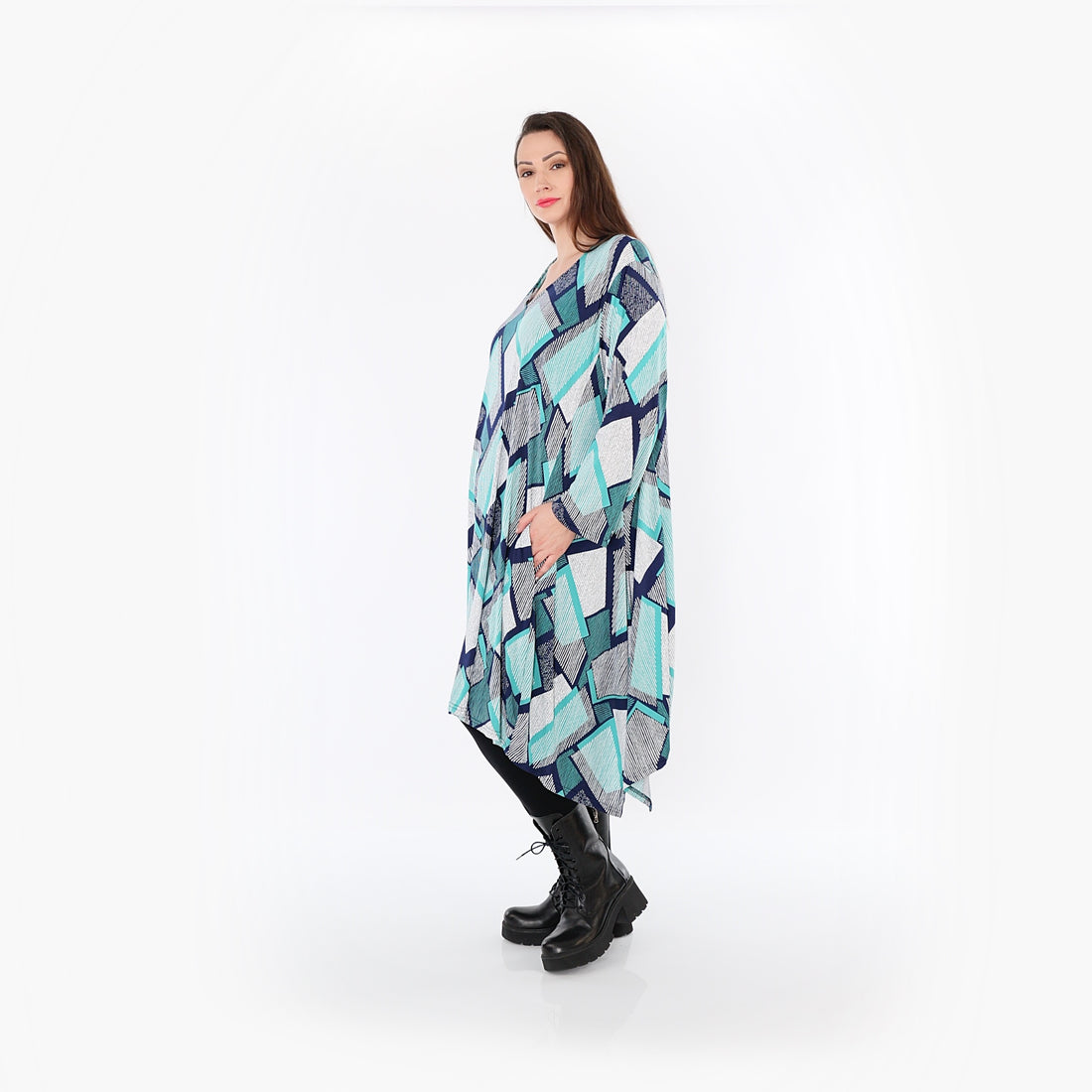 A-Form Bigshirt von AKH Fashion aus Materialmix, 1511.07108, Grün/Weiß/Marine, Abstrakt
