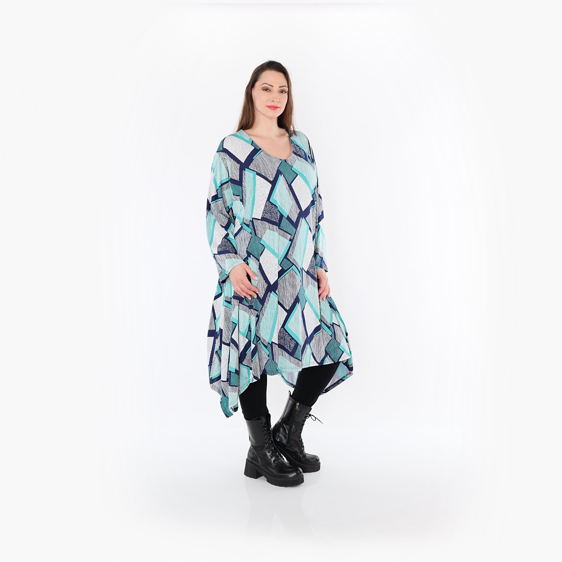  A-Form Bigshirt von AKH Fashion aus Materialmix, 1511.07108, Grün/Weiß/Marine, Abstrakt