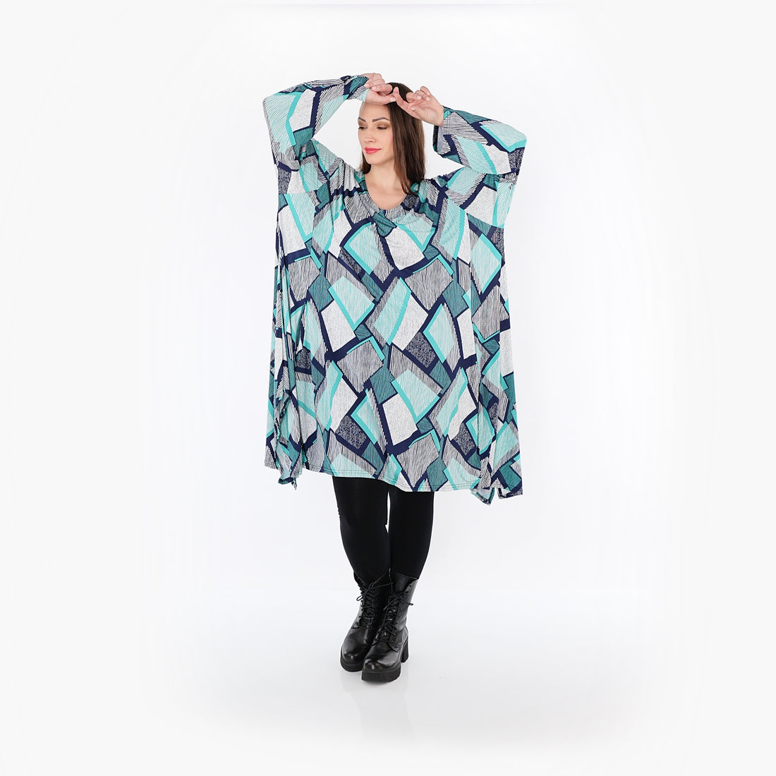  A-Form Bigshirt von AKH Fashion aus Materialmix, 1511.07108, Grün/Weiß/Marine, Abstrakt